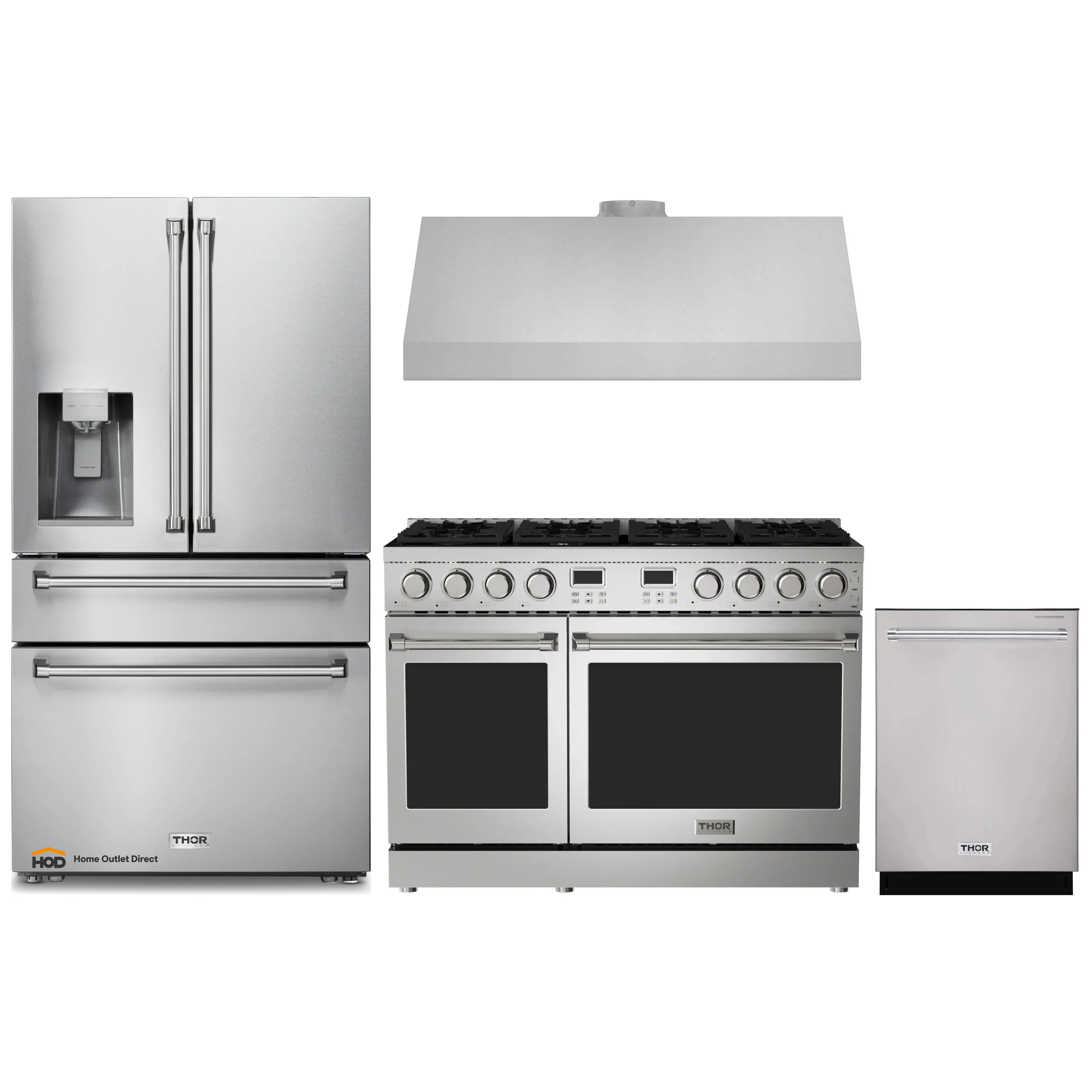 Thor Kitchen A-Series 4-Piece Appliance Package - 48-Inch Gas Range, Under Cabinet Range Hood, Refrigerator with Water Dispenser, and Dishwasher in Stainless Steel