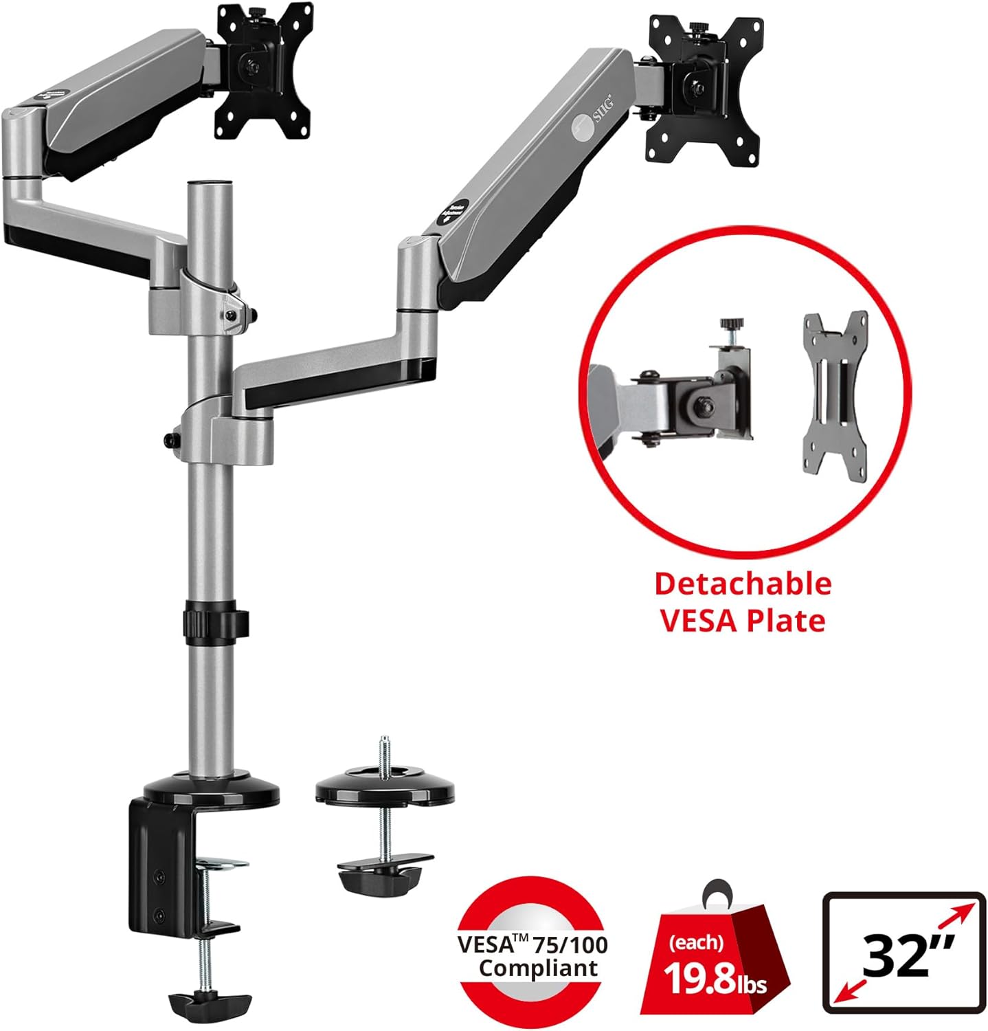 SIIG Dual Monitor Arm Desk Mount with Gas Spring, Holds Two 17