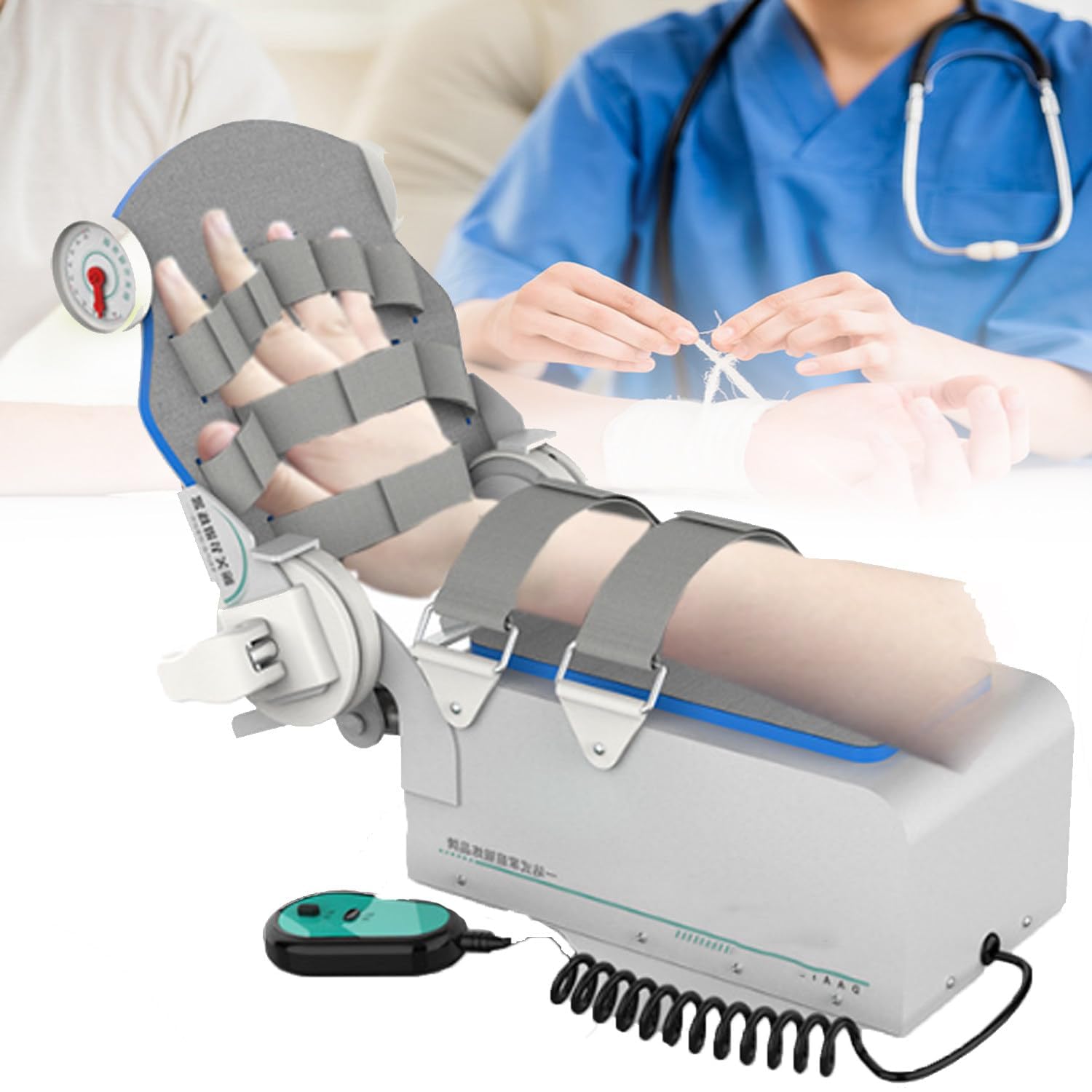 Electric elbow rehabilitation device,adjustable post-operative elbow brace stabilizer splint,full angle exercise,remote control finger fixation hand