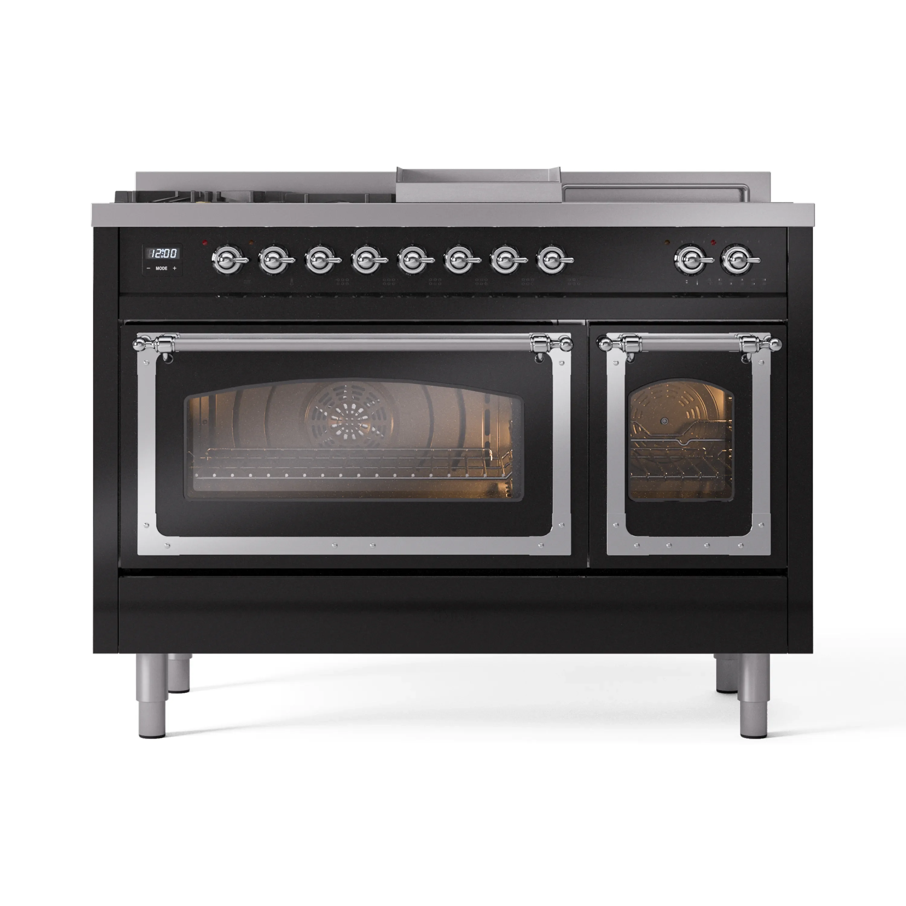 ILVE Nostalgie II Noblesse 48-Inch Dual Fuel Range with 5 Burners, Griddle, & French Top with Triple Glass Door Oven in Glossy Black with Chrome Trim (UN48FSNMPBKC)