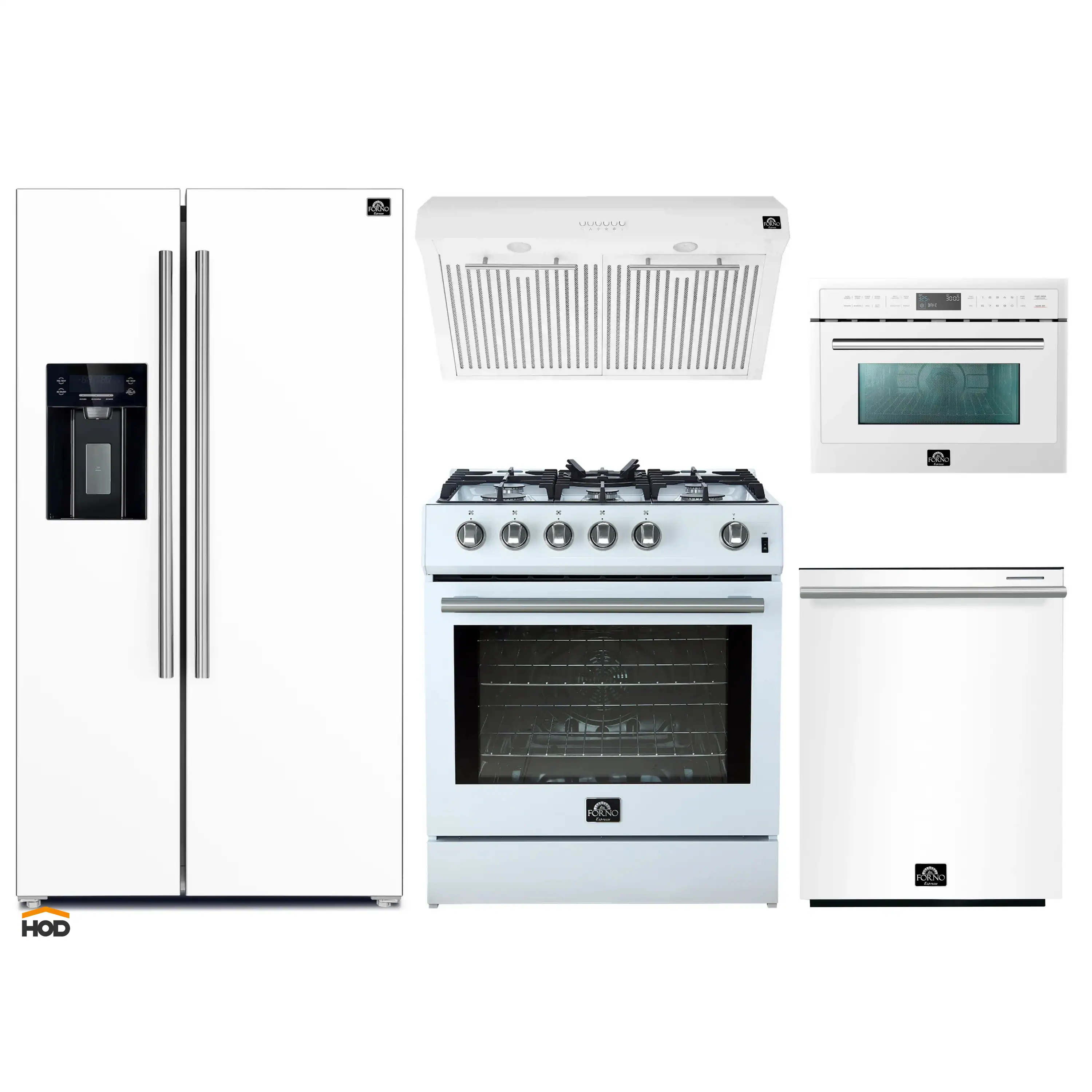 Forno 5-Piece Appliance Package - 30-Inch Gas Range, Under Cabinet Range Hood, Refrigerator with Water Dispenser, Dishwasher, and 24-Inch Microwave Oven in White with Stainless Steel Trim
