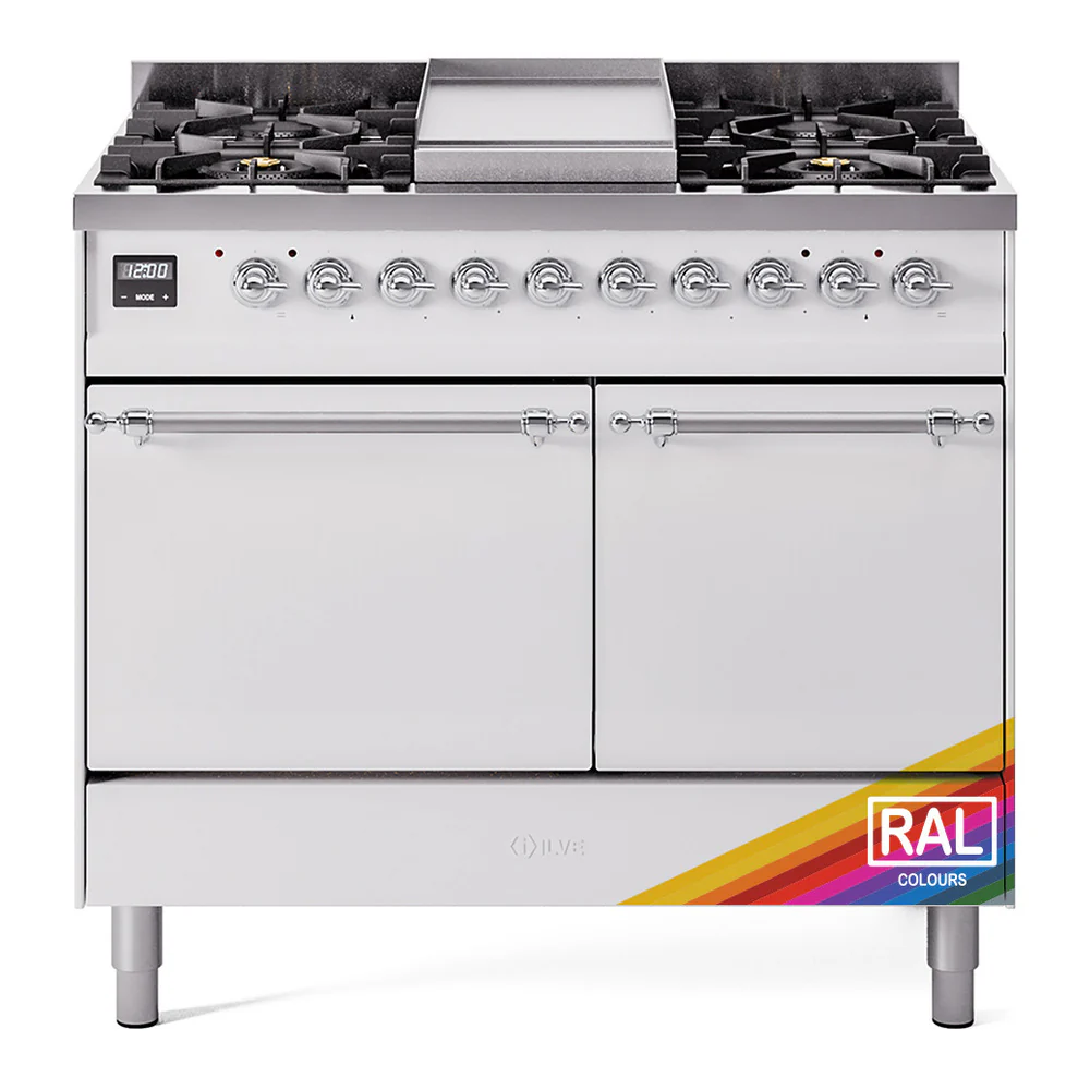 ILVE 40-Inch Nostalgie II Dual Fuel Range with 6 Burners, Griddle and Solid Door Oven in Custom RAL with Chrome Trim (UPD40FQNMPRAC)