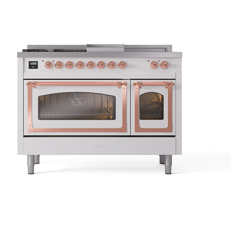 ILVE 48-Inch Nostalgie II Noblesse Dual Fuel Range with 5 Sealed Burners, Griddle, French Top and Triple Glass Door Oven in Custom RAL with Copper Trim (UN48FSNMPRAP)