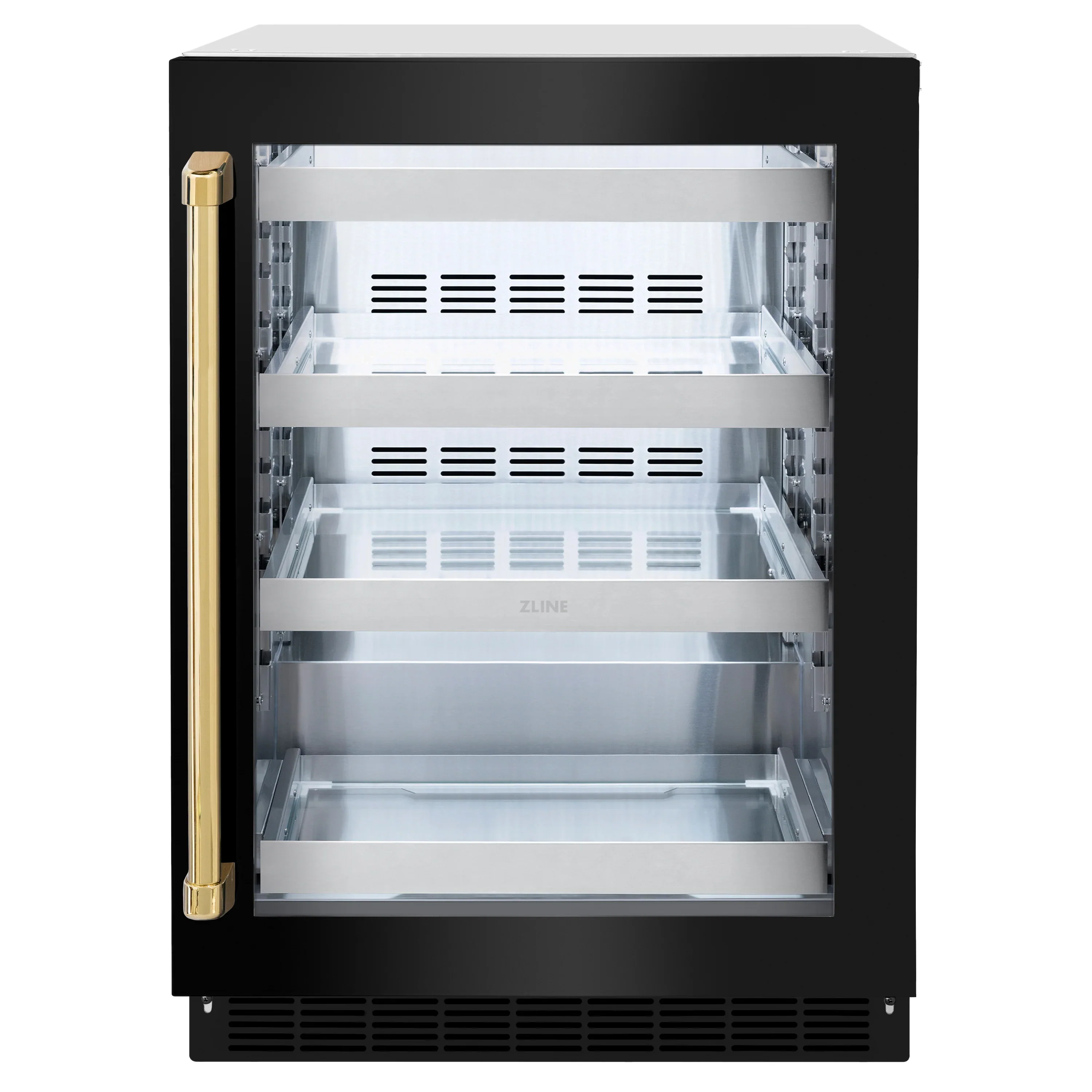 ZLINE Autograph Edition 24-Inch Touchstone 151 Can Beverage Fridge with Black Stainless Steel Glass Door and Polished Gold Handle (RBSOZ-BS-24-G)