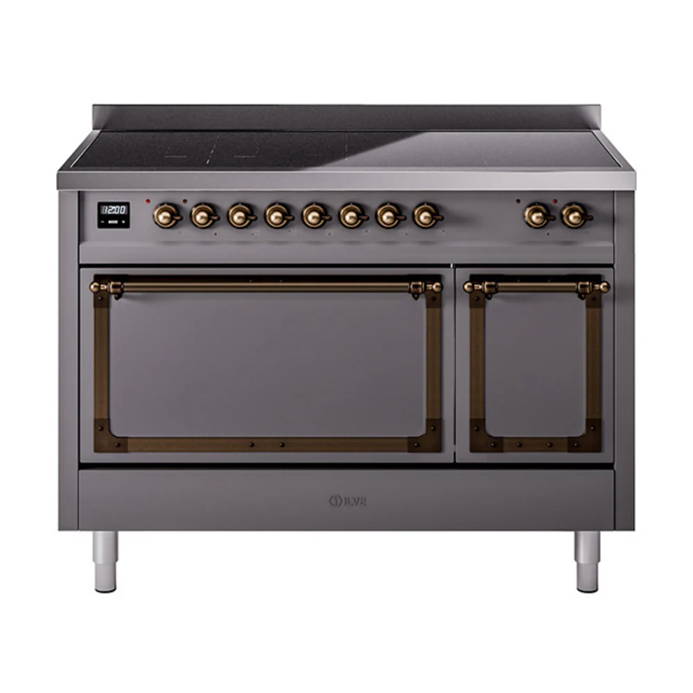 ILVE Nostalgie II Noblesse 48-Inch Induction Range with Solid Door Oven in Matte Graphite with Bronze Trim (UNI486QNMPMGB)