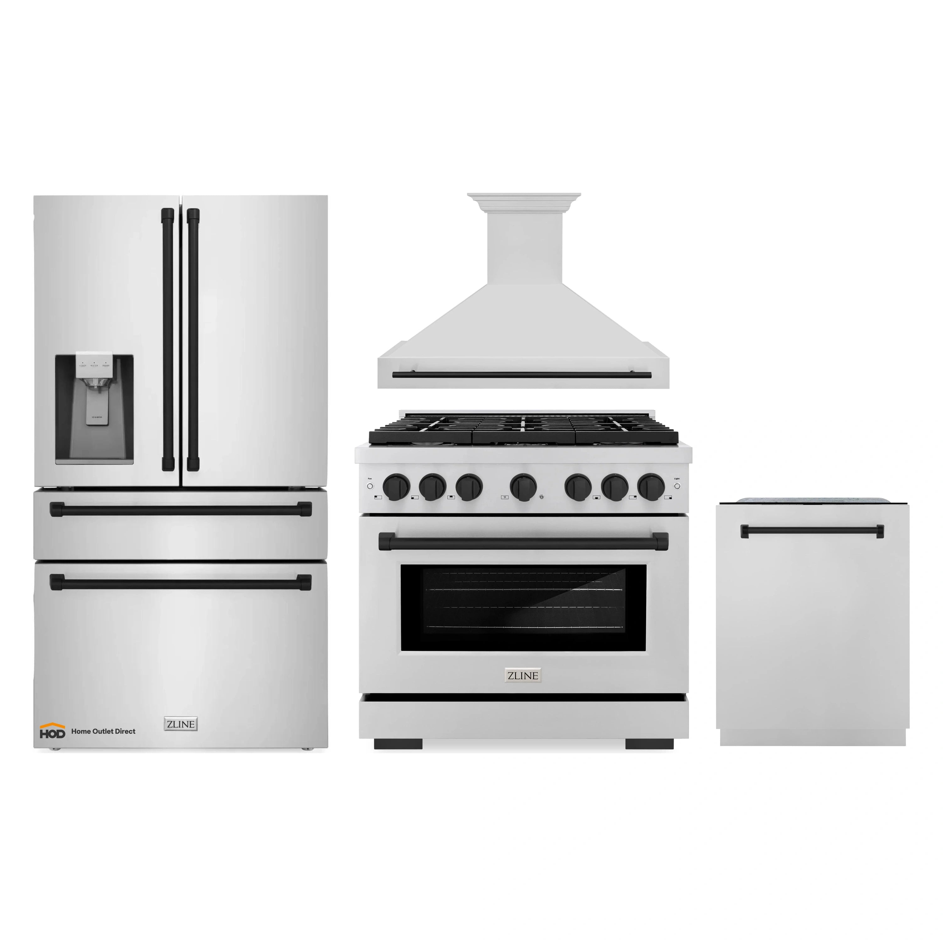 ZLINE Autograph Edition 4-Piece Appliance Package - 36-Inch Gas Range, Refrigerator with Water Dispenser, Wall Mounted Range Hood, & 24-Inch Tall Tub Dishwasher in Stainless Steel with Matte Black Trim (4AKPR-SGRRHDWM36-MB)