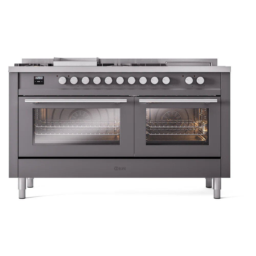 ILVE Professional Plus II 60-Inch Dual Fuel Range with 7 Burners, Griddle, & French Top with Solid Door Oven in Matte Graphite (UP60FSQMPMG)