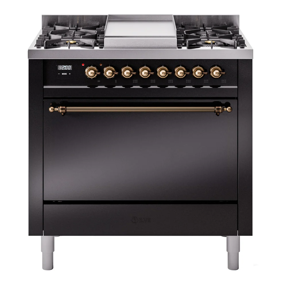 ILVE 36-Inch Nostalgie II Dual Fuel Range with 6 Burners and Solid Door Oven in Glossy Black with Bronze Trim (UP36FQNMPBKB)