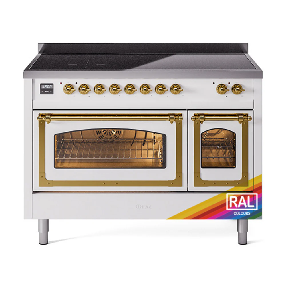 ILVE Nostalgie II Noblesse 48-Inch Induction Range with Triple Glass Door in RAL with Brass Trim (UNI486NMPRAG)