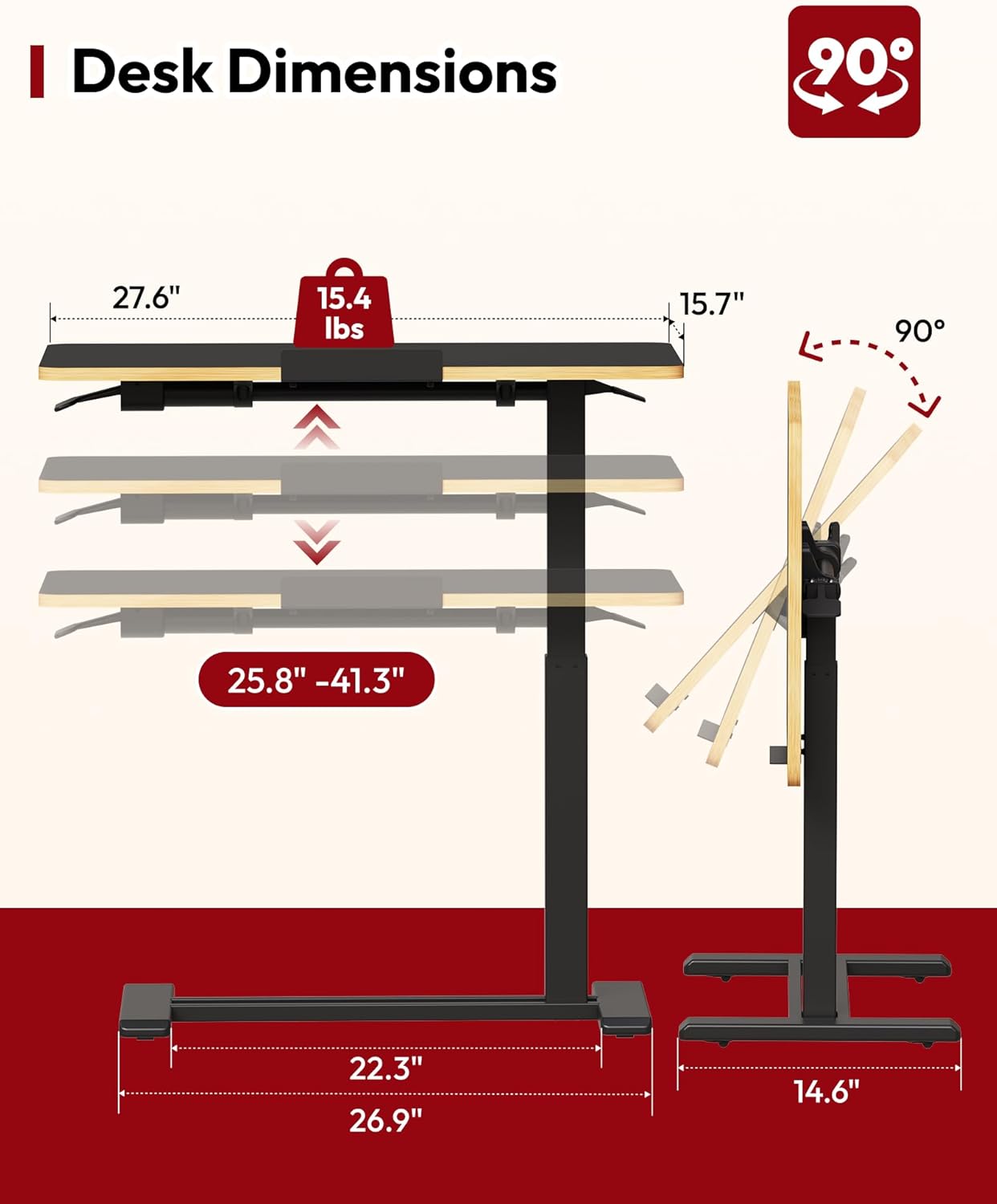 SANODESK Medical Adjustable Overbed Bedside Table with Casters 90° Tilt Top Pneumatic Mobile Rolling Laptop Computer Standing Desk Cart with Tray, Hospital and Home Use(27.6