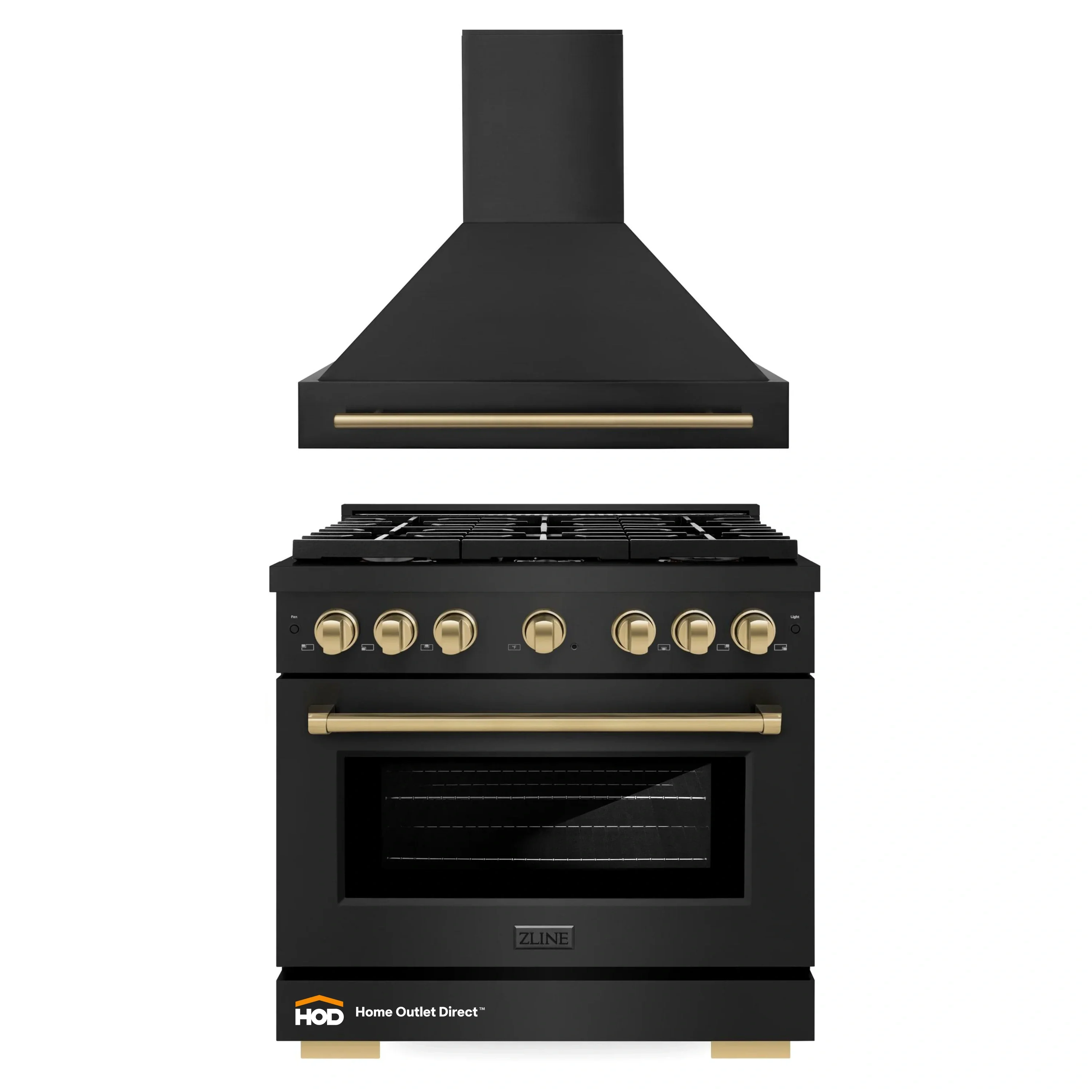 ZLINE Autograph Edition 2-Piece Appliance Package - 36-Inch Gas Range & Wall Mounted Range Hood in Black Stainless Steel with Champagne Bronze Trim (2AKP-SGRBRH36-CB)
