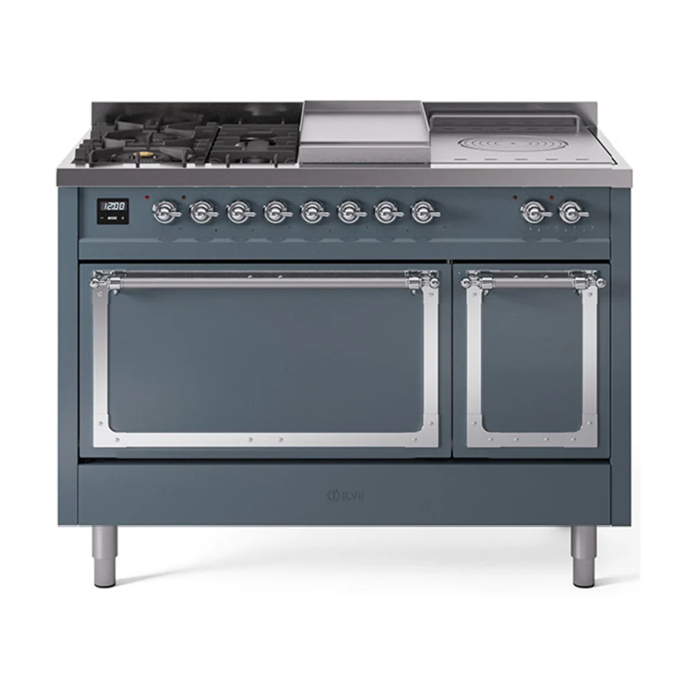 ILVE 48-Inch Nostalgie II Noblesse Dual Fuel Range with 5 Sealed Burners, Griddle, French Top and Solid Door Oven in Blue Grey with Chrome Trim (UN48FSQNMPBGC)