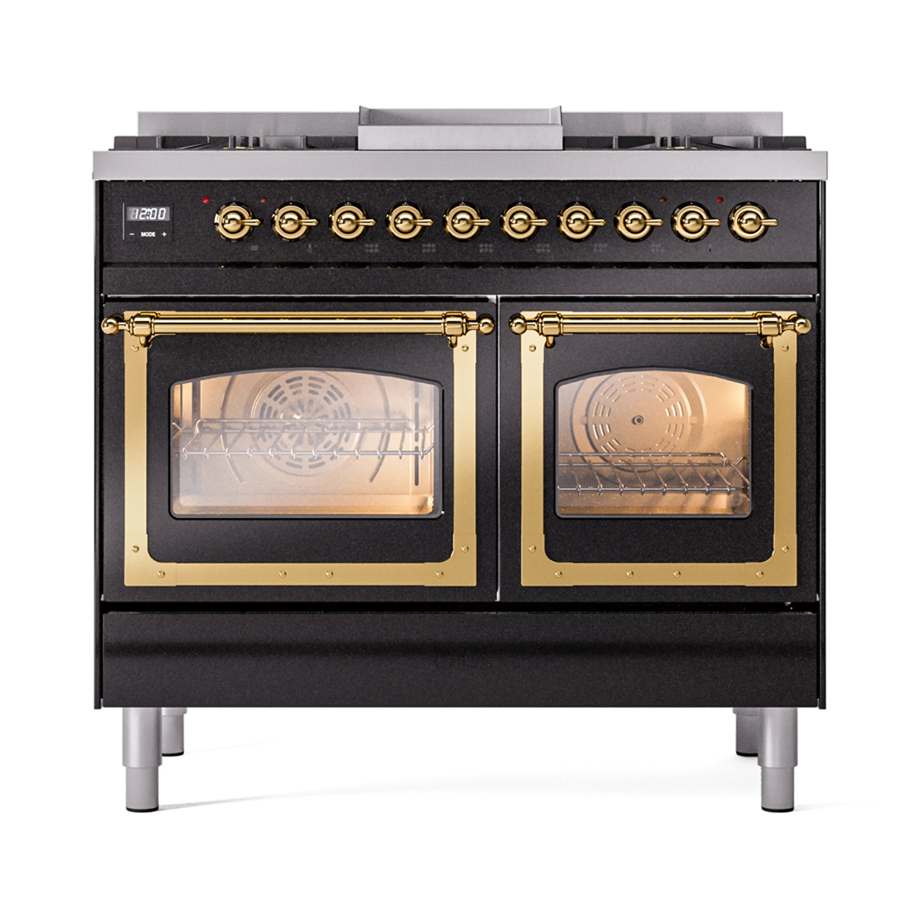 ILVE 40-Inch Nostalgie II Noblesse Dual Fuel Range with Triple Glass Door Oven in Glossy Black with Brass Trim (UND40FNMPBKG)
