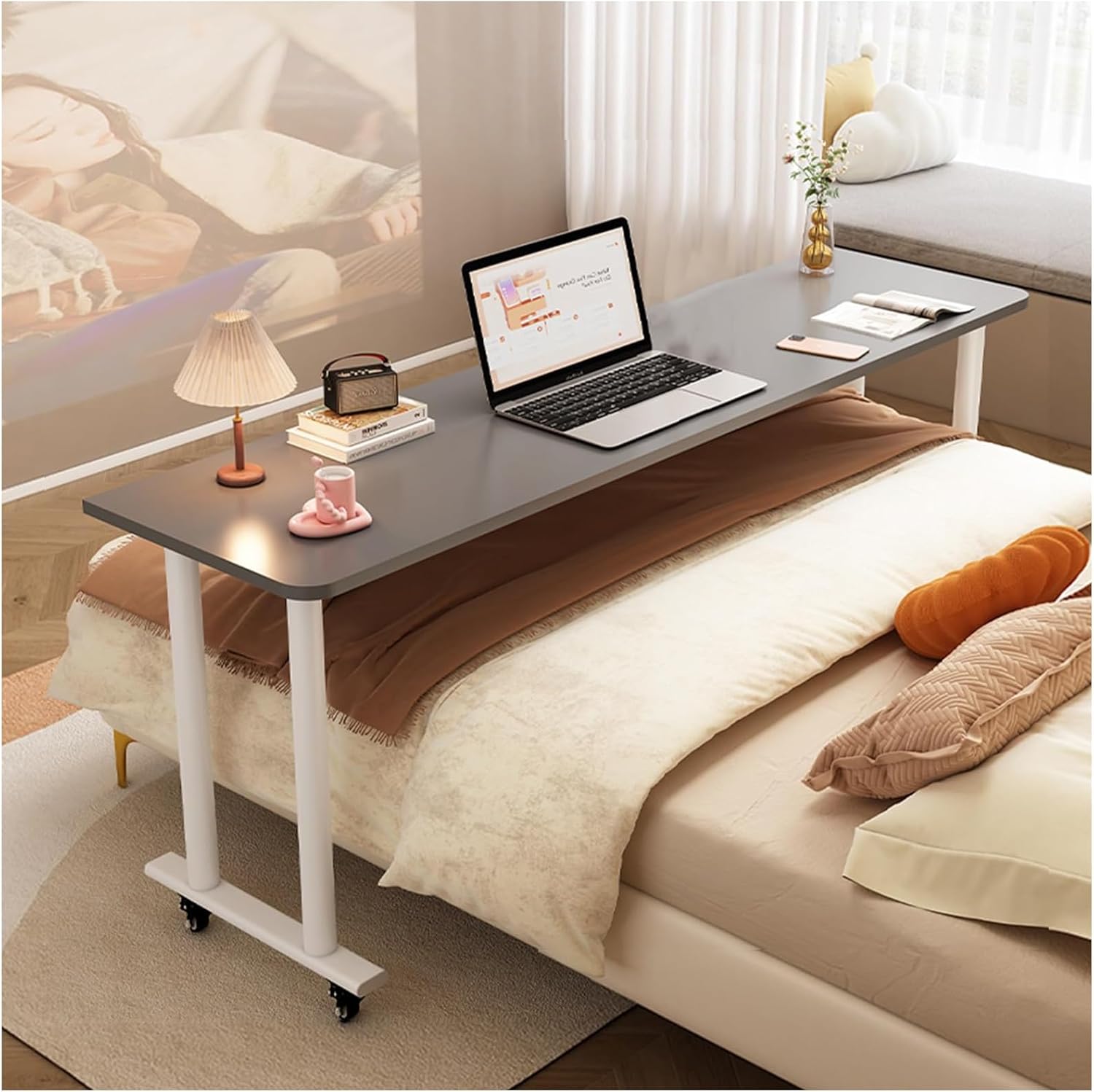 Overbed Table with Swivel Wheels, Portable Bedside Table, Rolling Medical Cross Bed Desk King Size, Standing Workstation Laptop Cart,Gray + White Without baffle-47.2”/120cm