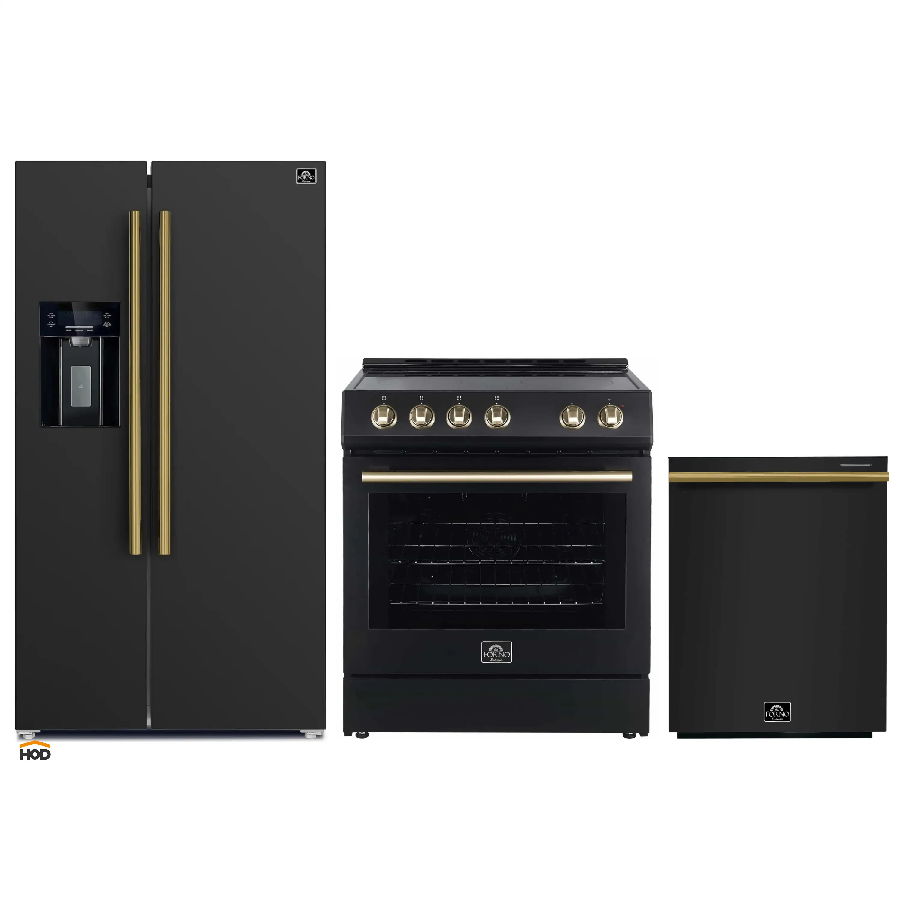 Forno Espresso 3-Piece Appliance Package - 30-Inch Electric Range, Refrigerator with Water Dispenser and Dishwasher in Black with Antique Brass Trim