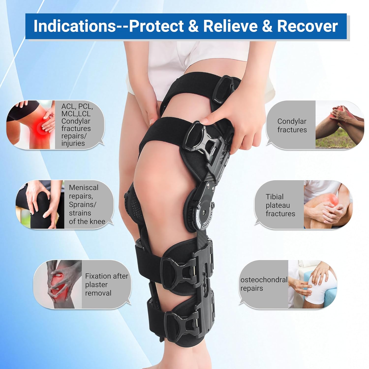 ROM Knee Brace with Shoulder Strap - Hinged Post OP Knee Brace Immobilizer Leg Braces Orthopedic Patella Knee Support Orthosis for ACL, PCL, MCL Injury, Meniscus Tear, Adjustable for Left and Right Leg