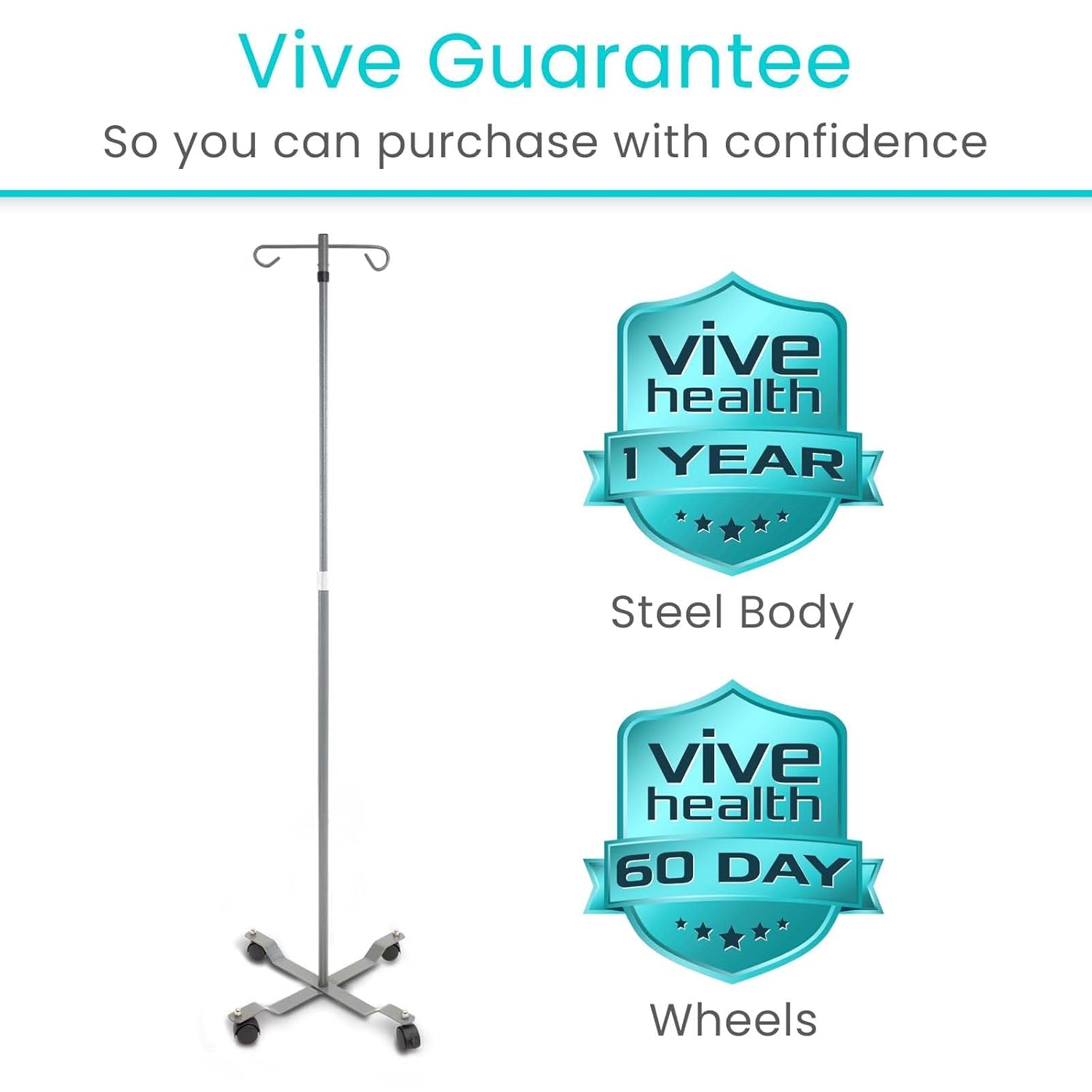 Vive IV Pole with Wheels (4 Pack) - IV Fluids Bag Stand with 2 Hooks and Adjustable Height - Portable IV Pole for Home Care, Hospitals, Clinics and Travel - Safe and Easy to Move Medical IV Drip Stand