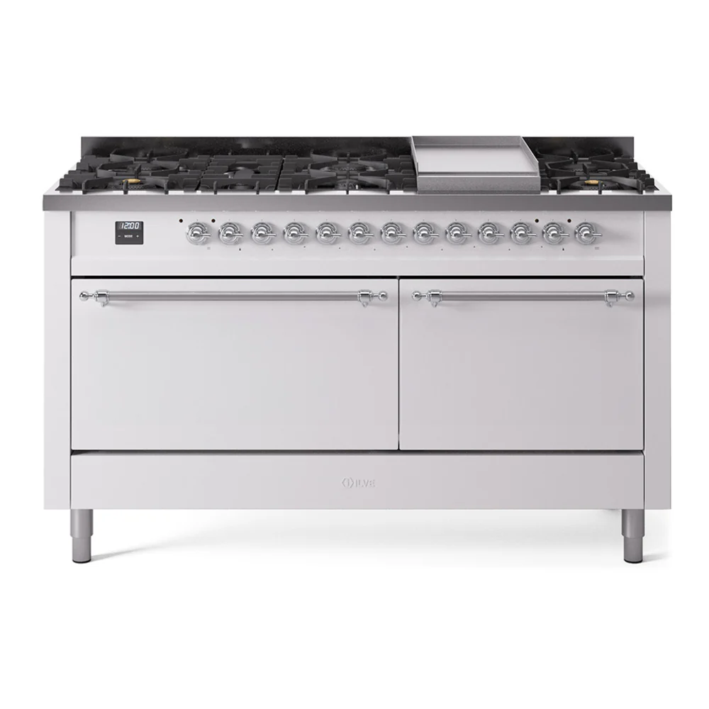 ILVE 60-Inch Nostalgie II Dual Fuel Range with 9 Burners, Griddle, and Solid Door Oven in White with Chrome Trim (UP60FQNMPWHC)