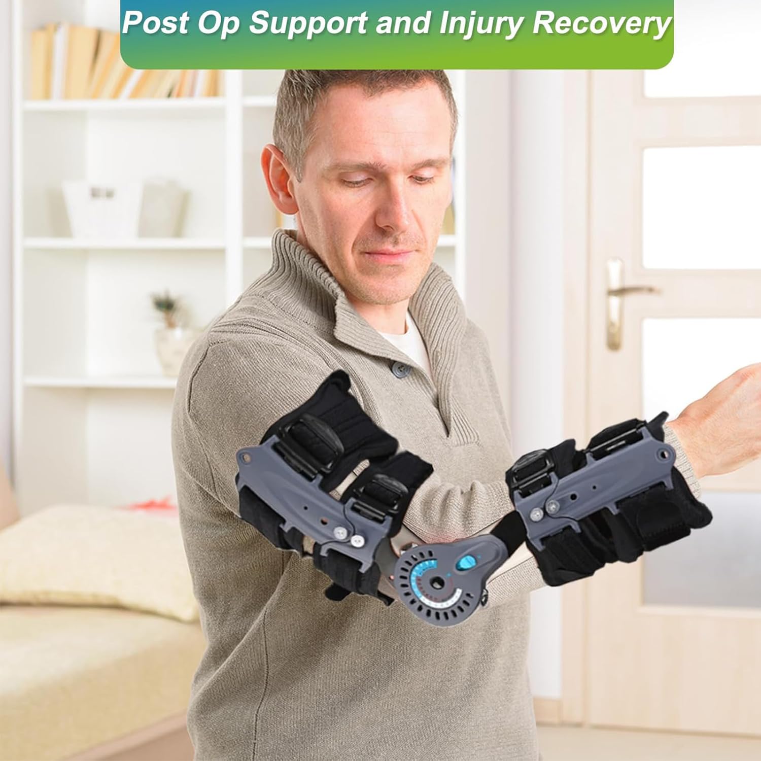 Hinged ROM Elbow Brace with Sling Stabilizer for Surgery Recovery,Ligament and Tendon Repairs,Adjustable Post OP Elbow Splint for Dislocation Support (Gray, One Size, Left)