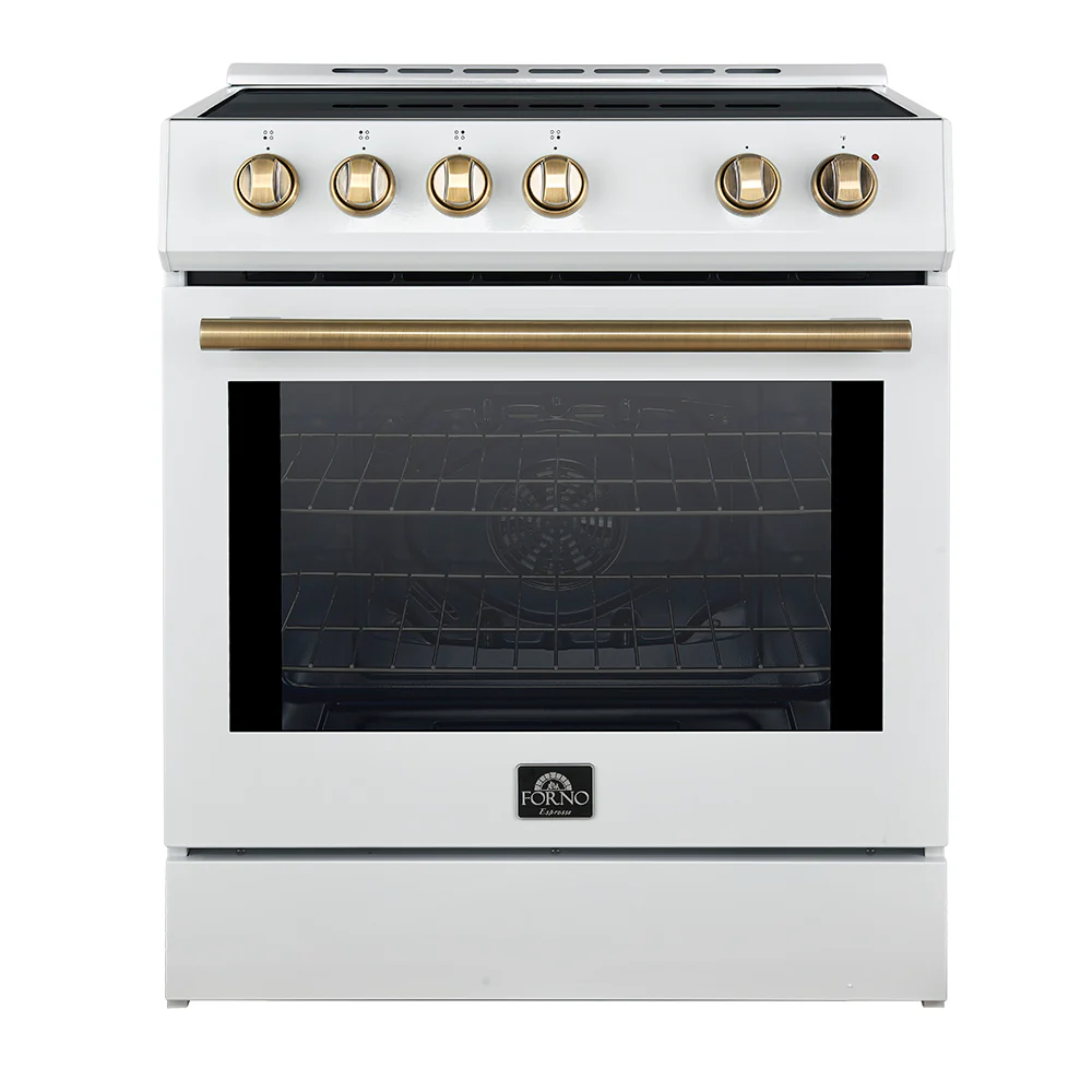 Forno Leonardo Espresso 30-Inch Induction Range in White with Antique Brass Trim (FFSIN0982-30WHT)