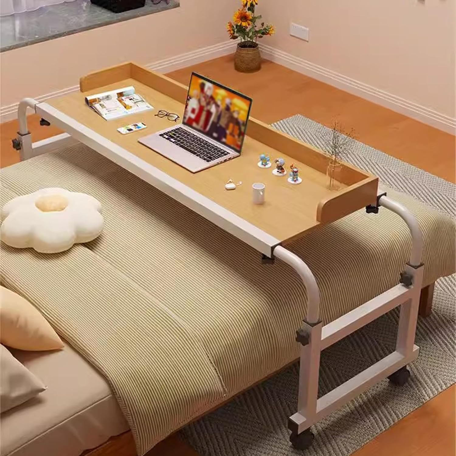 Mobility Table Over Bed，Over Bed Desk Height Adjustable 65-95cm Medical Table with Wheels Laptop Stand Computer Standing Desk Standing Over Bed Table King Size(Color:Wood)