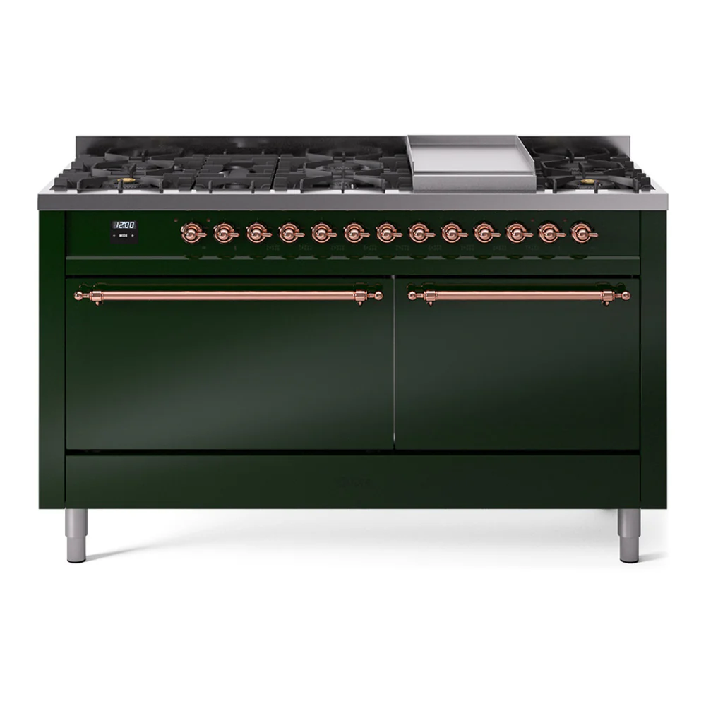 ILVE 60-Inch Nostalgie II Dual Fuel Range with 9 Burners, Griddle, and Solid Door Oven in Emerald Green with Copper Trim (UP60FQNMPEGP)