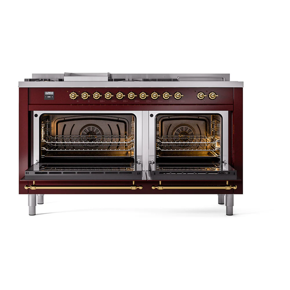 ILVE 60-Inch Nostalgie II Noblesse Dual Fuel Range with 7 Sealed Burners, Gridlde, French Top, and Solid Door Oven in Burgundy with Brass Trim (UN60FSQNMPBUG)