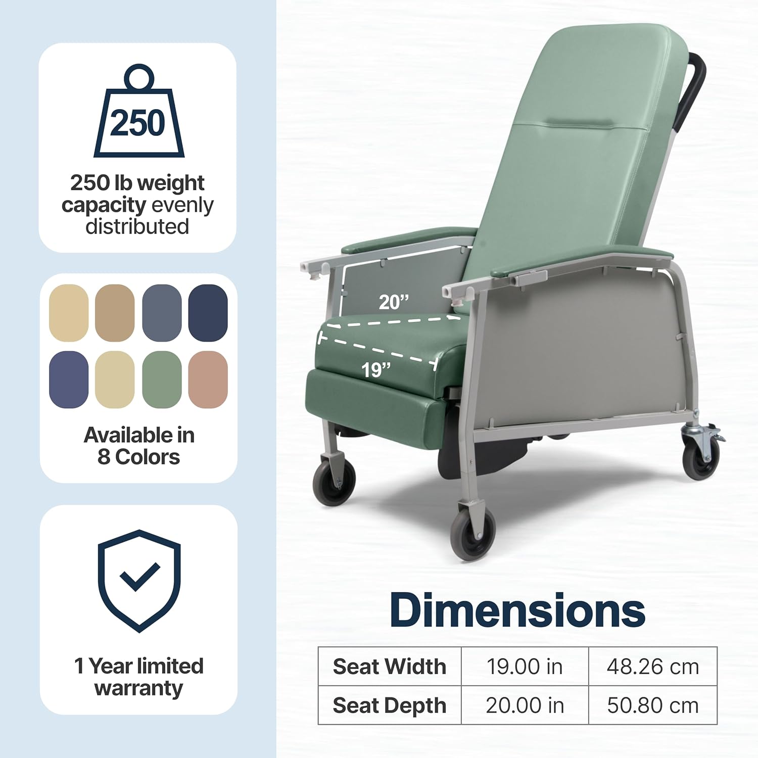 Lumex 3-Position Medical Recliner, Reclining Geri Chair with Wheels, Jade