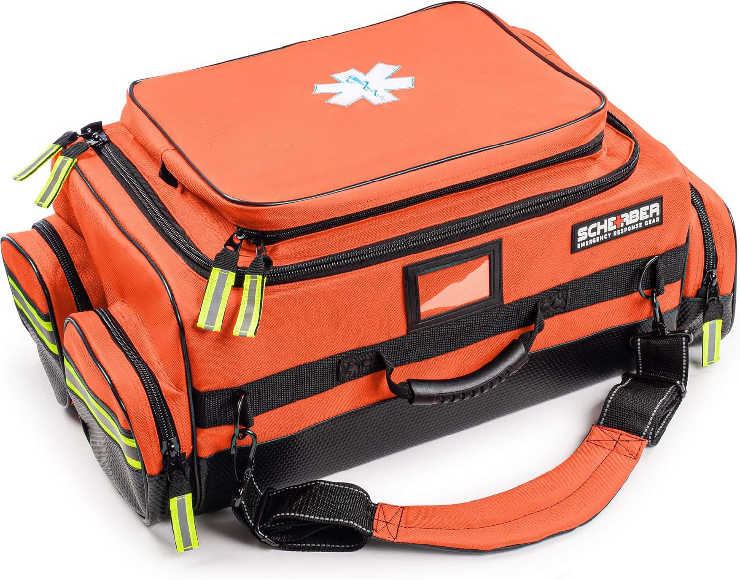 Scherber Fully Stocked First Responder Ultimate Professional EMT/EMS Trauma Kit | HSA/FSA Approved | w/10+ Compartments, Zippered Pockets, Dividers, Oxygen Access & 260+ First Aid Supplies (Orange)