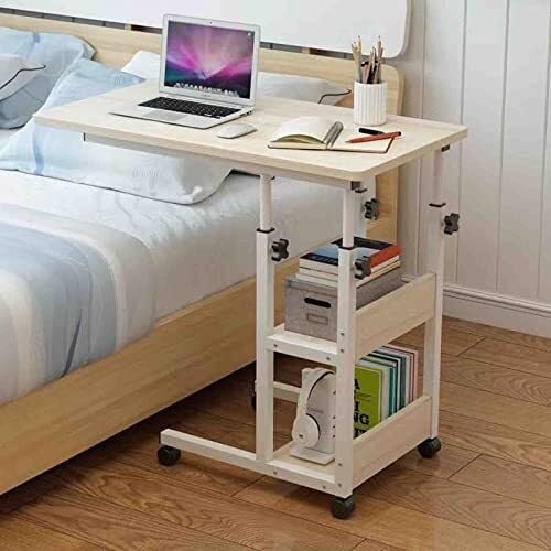 Adjustable Overbed Table with Wheels, Mobile Bedside Table with Double-Layer Storage, Manual Lifting Desk for Hospital and Home Use
