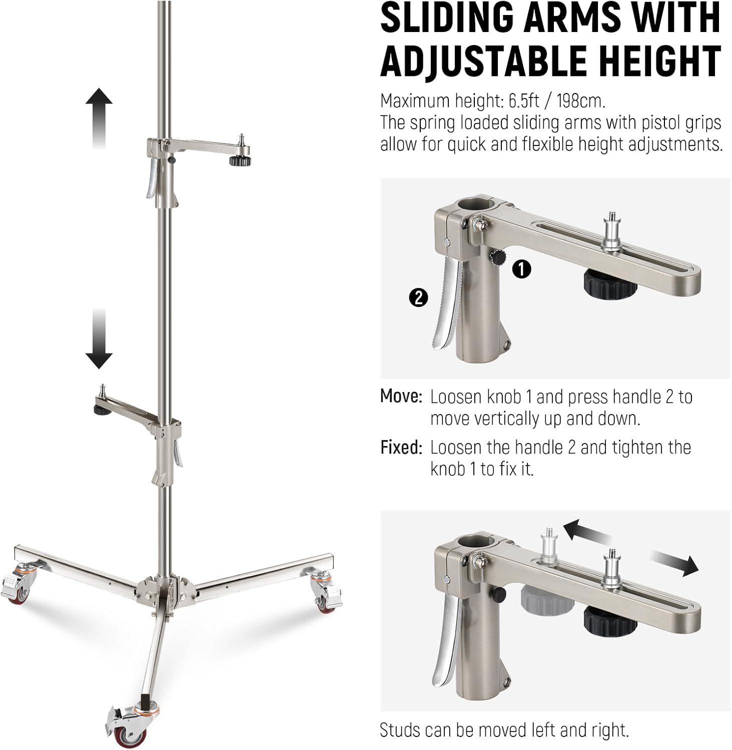 NEEWER 6.5ft/198cm Stainless Steel Light Stand, Heavy Duty Tripod Stand with Caster Wheels, 2 Sliding Arms with Pistol Grip, Folding Leg for Photography Softbox Monolight, Max. Load 35lb/16kg, ST198SS