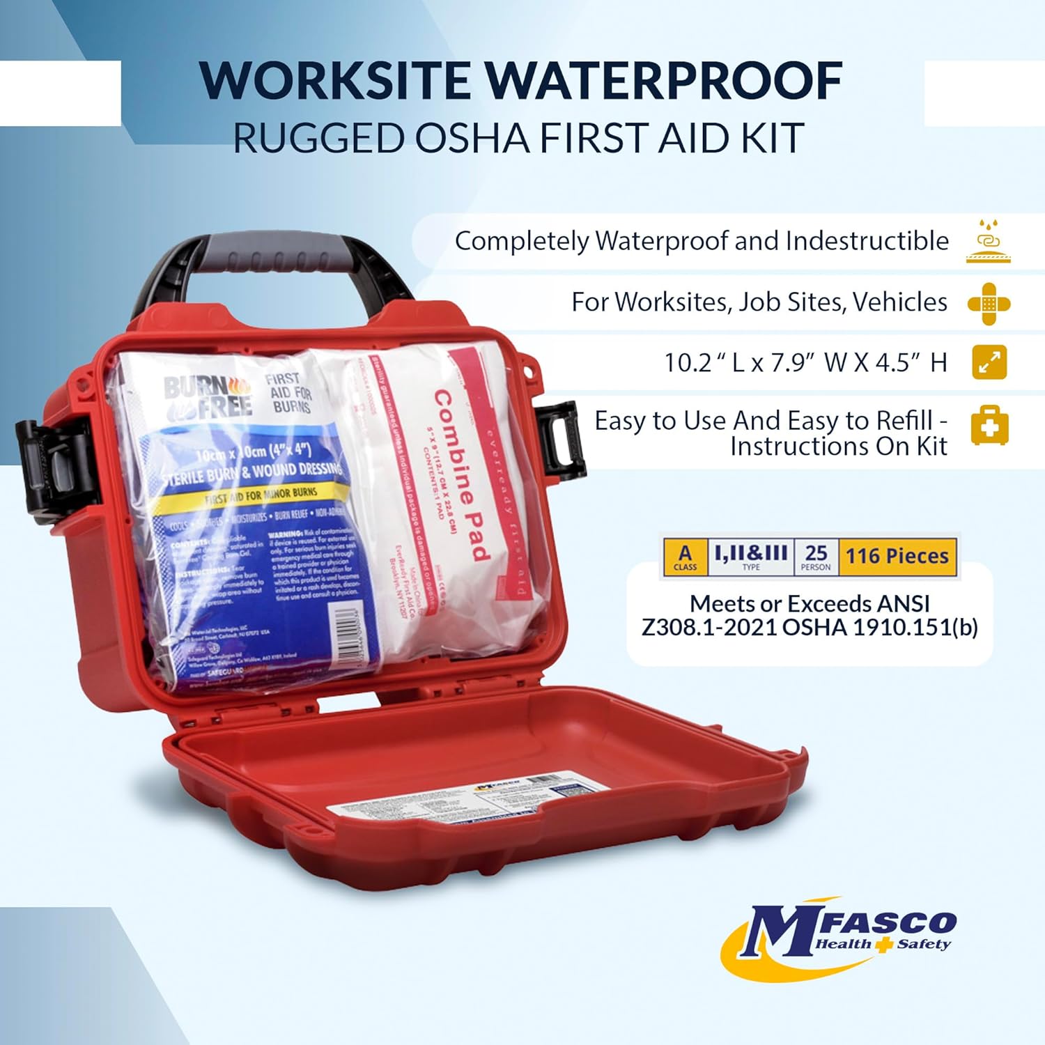 Worksite OSHA 2021Class A First Aid Kit - Rugged, Waterproof Case ANSI Type II & IV - Business, Office, Work, Construction - OSHA/ANSI Z308.1-2021 Compliant