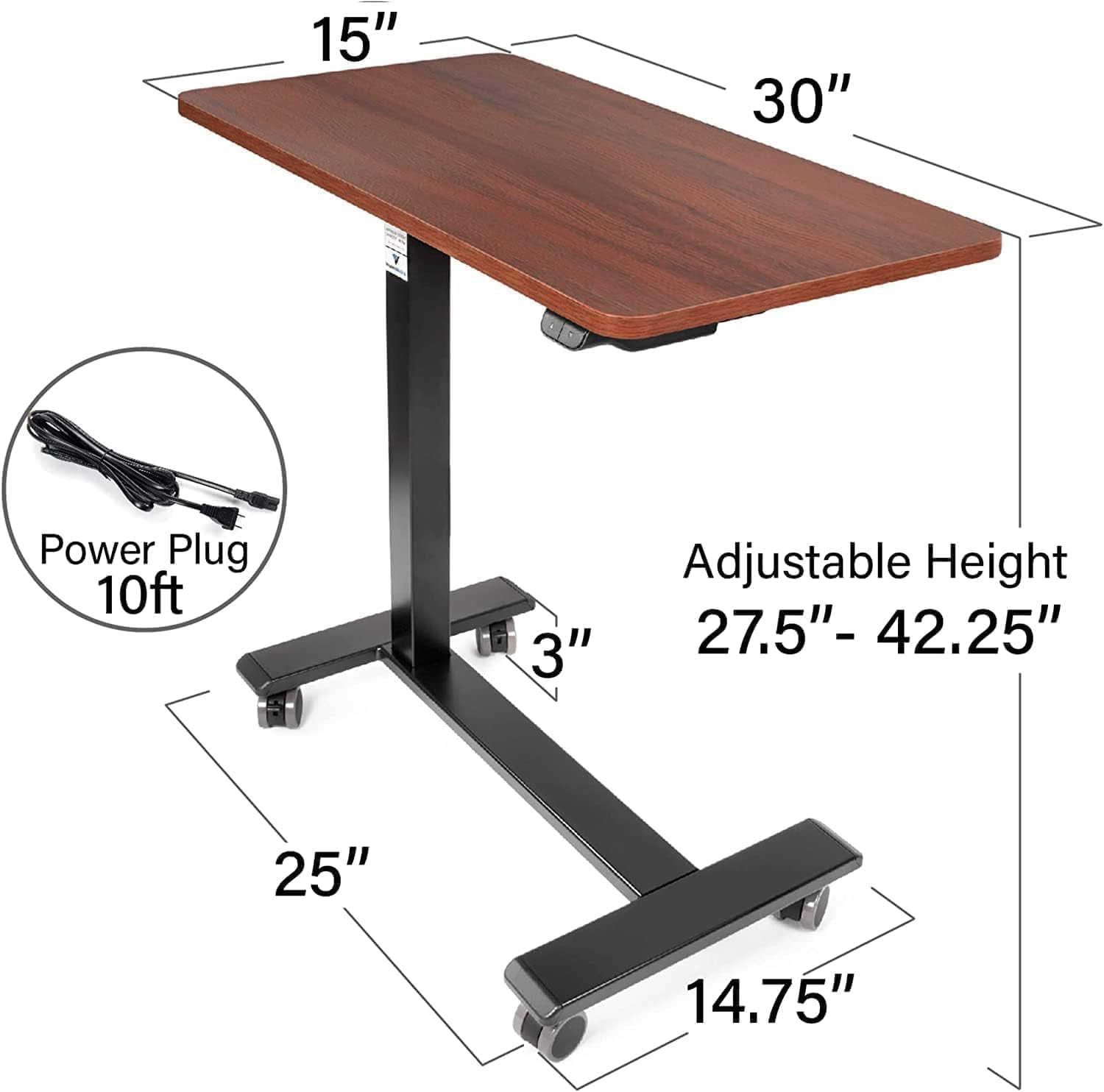 Vaunn Medical Electric Overbed Table Bedside Height Adjustable Table with Wheels (Electric-Powered, Hospital and Home Use) - Brown (Organic Modern)
