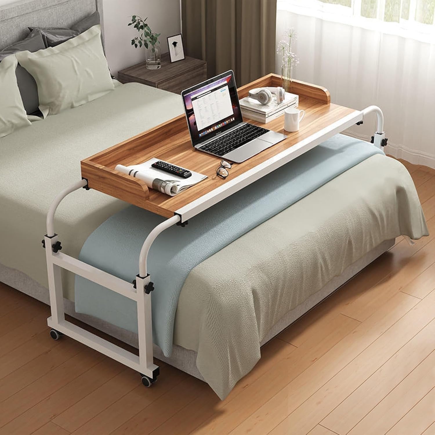Overbed Table with Wheels, Height Adjustable Computer Desk Workstation Mobile Medical Table Laptop Cart