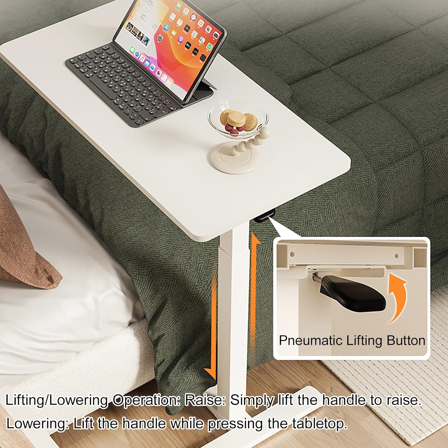 Pneumatic Adjustable Overbed Table, Solid Wood Overbed Bedside Table with Wheels, Hospital Bed Table Rolling Laptop Desk with Split Dual Desktop, for Hospital, Home Use(White)