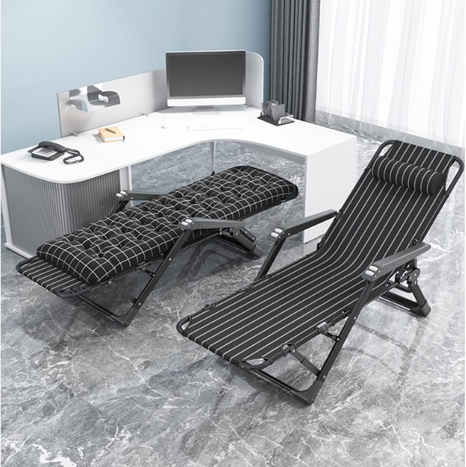 Padded Chair Adjustable Folding Reclining Patio Chair, Lounge Chair with Headrest Removable Pillow, Massage Armrest, Support 550lbs (Recliner+Blue Cushion