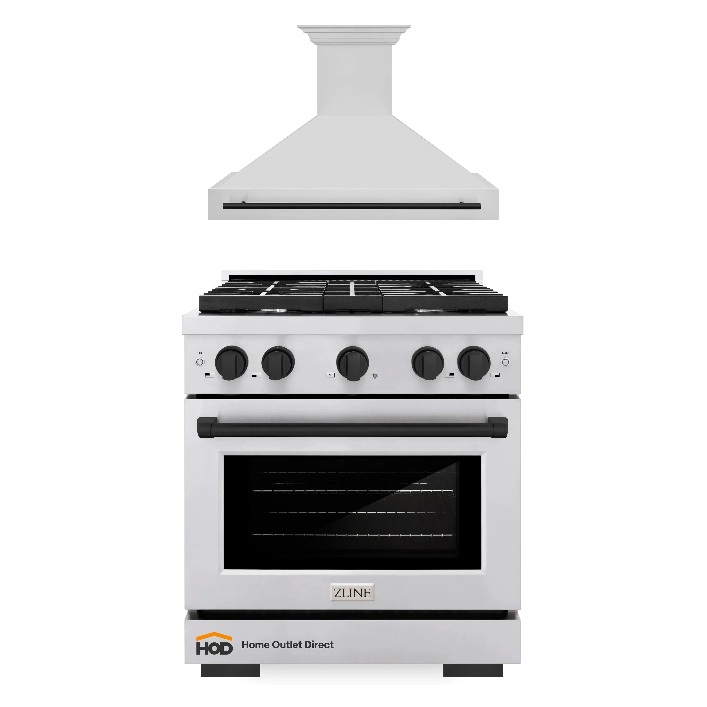 ZLINE Autograph Edition 2-Piece Appliance Package - 30-Inch Gas Range and Wall Mounted Range Hood in Stainless Steel with Matte Black Trim (2AKP-SGRRH30-MB)
