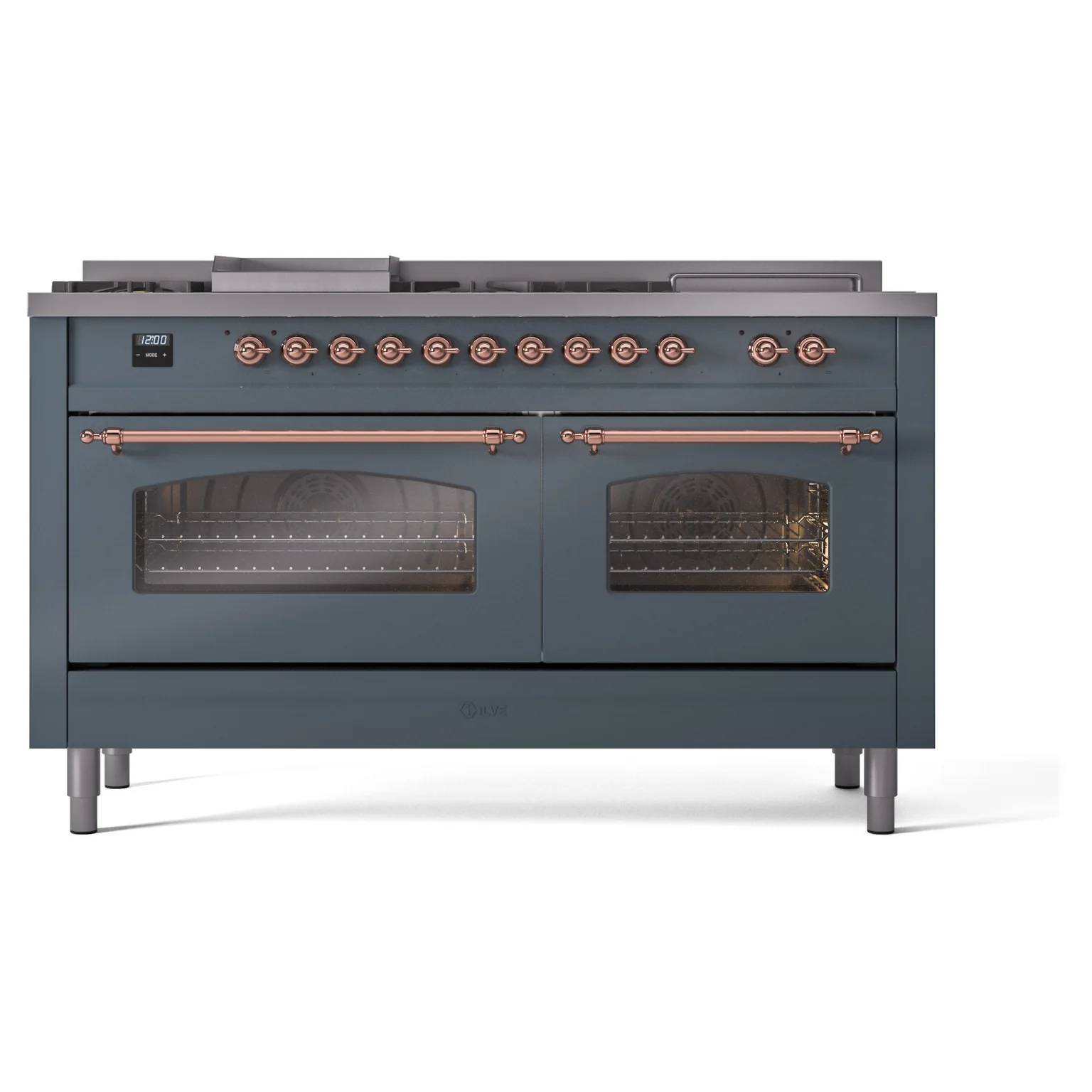 ILVE Nostalgie II 60-Inch Dual Fuel Range with 7 Burners, Griddle, & French Top with Triple Glass Door Oven in Blue Grey with Copper Trim (UP60FSNMPBGP)