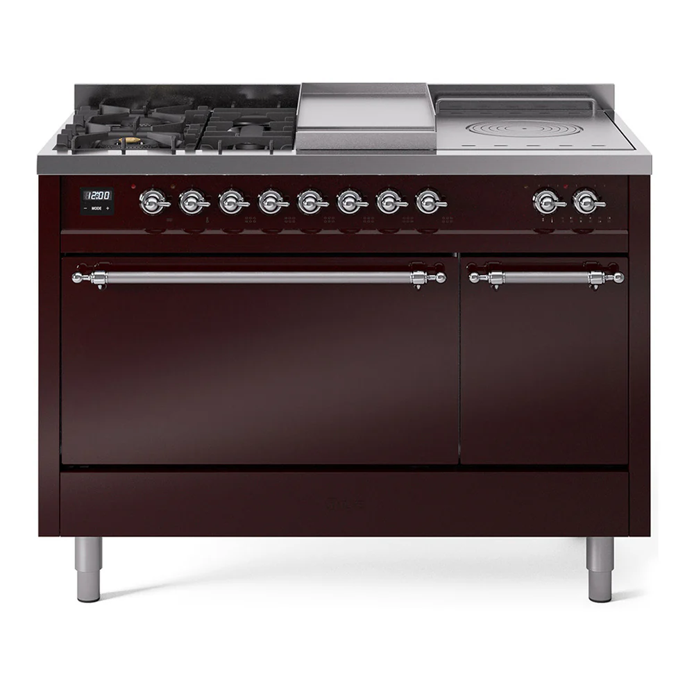ILVE Nostalgie II 48-Inch Dual Fuel Range with 5 Burners, Griddle, & French Top, with Solid Door Oven in Burgundy with Chrome Trim (UP48FSQNMPBUC)
