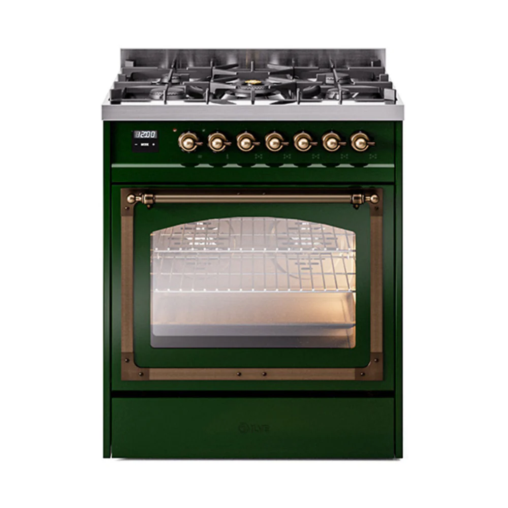ILVE Nostalgie II Noblesse 30-Inch Dual Fuel Range with Triple Glass Door in Emerald Green with Bronze Trim (UN30NMPEGB)