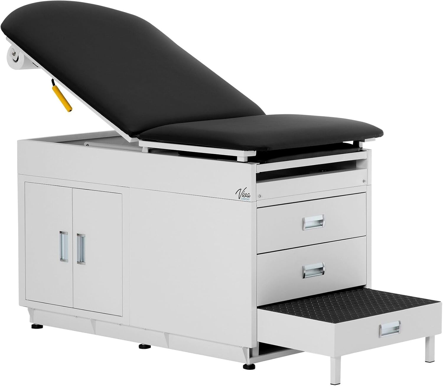 Grande Medical Exam Table, Adjustable Exam Bed with Step Stool, Storage Cabinets, and Foot Rest, Dimensions: 47.64” L x 26.77” W x 29.13” H, Black, NO Stirrups