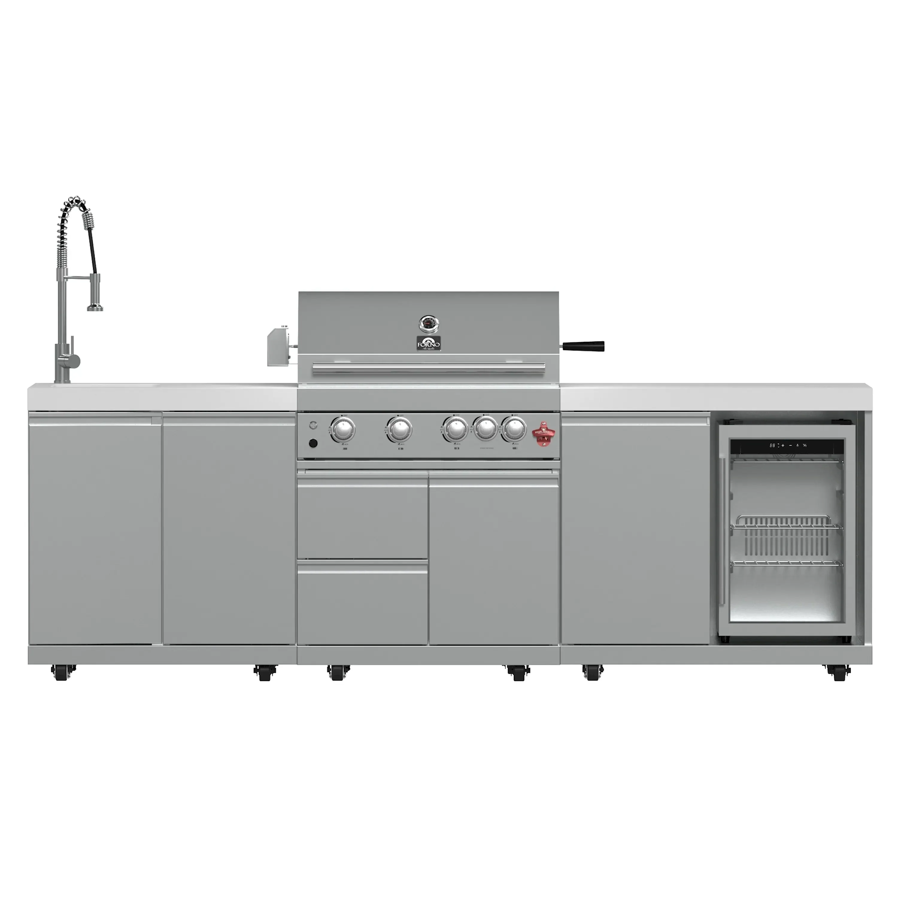 Forno Bulnes Outdoor Kitchen 30-Inch BBQ 60,000 BTU, with Sear, Rotisserie Infrared Burners, 1.8 Cu.Ft. Beverage Center, & White Countertops (FODKT2506WHT)
