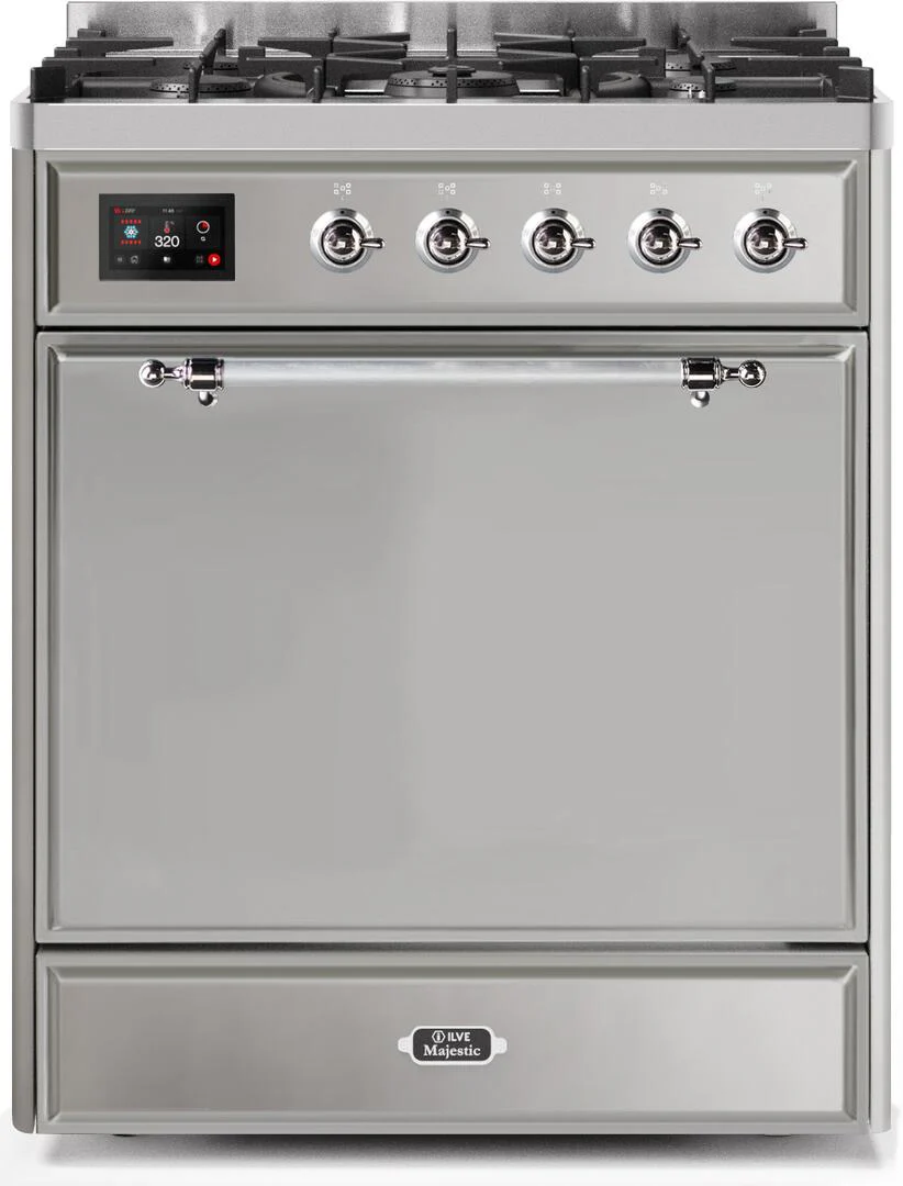 ILVE 30-Inch Majestic II Dual Fuel Range with 5 Burners and 4 cu. ft. Solid Door Oven in Stainless Steel with Chrome Trim (UM30DQNE3SSC)