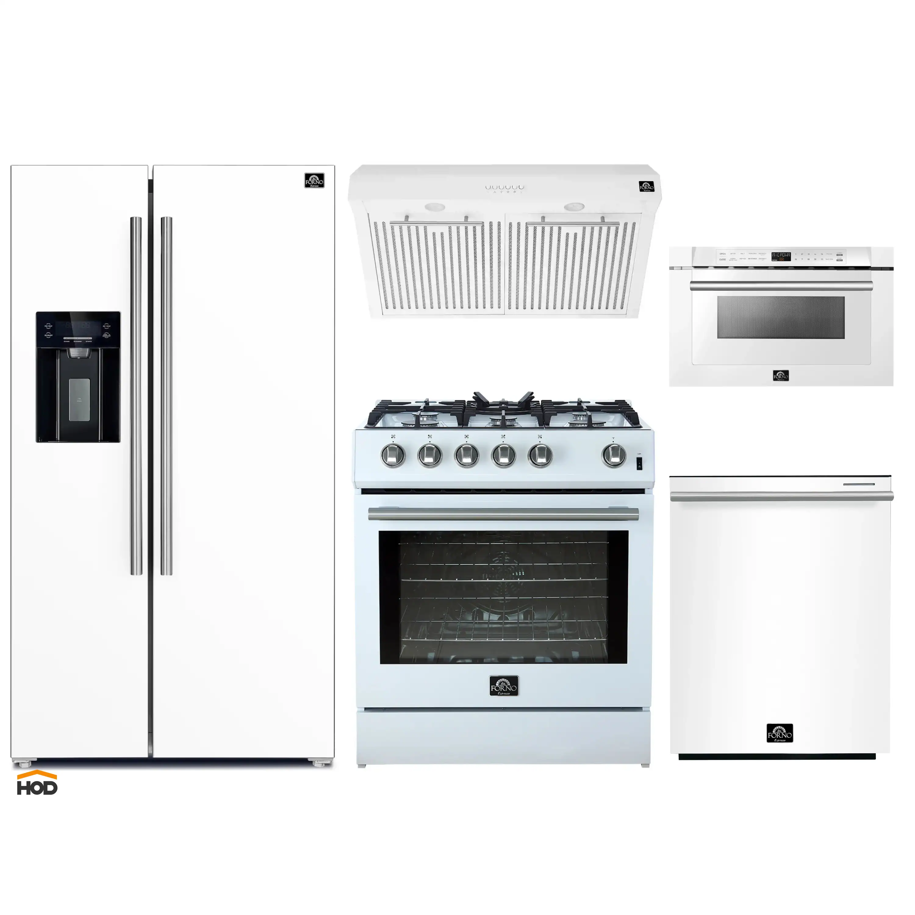 Forno 5-Piece Appliance Package - 30-Inch Gas Range, Under Cabinet Range Hood, Refrigerator with Water Dispenser, Dishwasher, and  Microwave Drawer in  White with Stainless Steel Trim