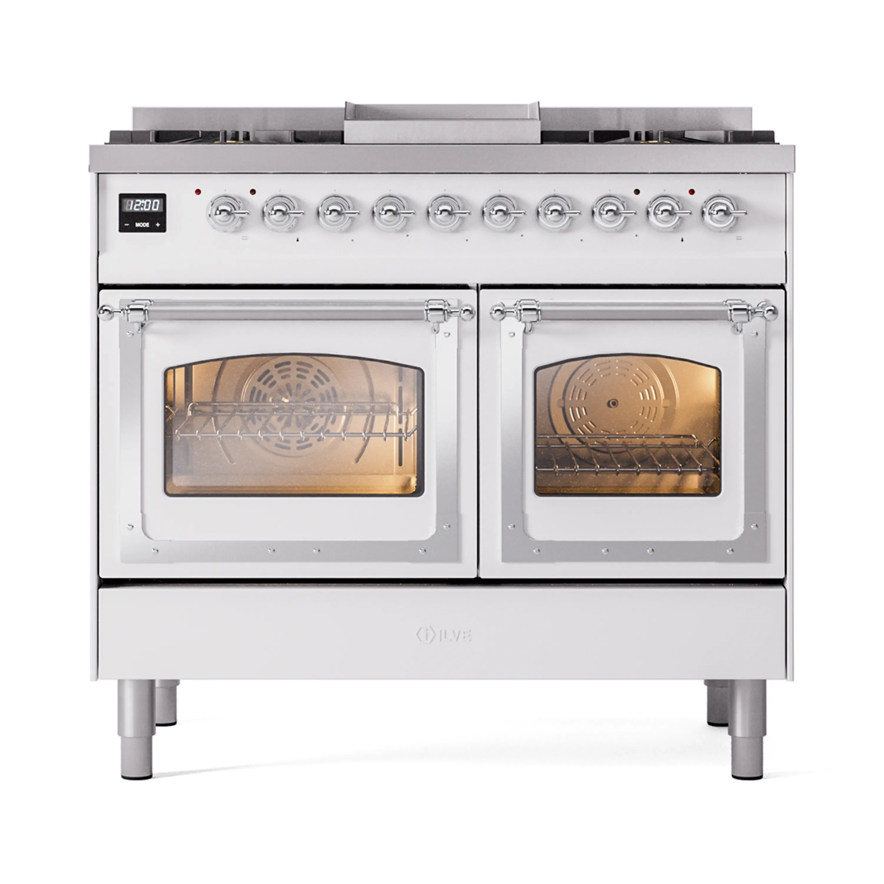 ILVE 40-Inch Nostalgie II Noblesse Dual Fuel Range with Triple Glass Door Oven in White with Chrome Trim (UND40FNMPWHC)