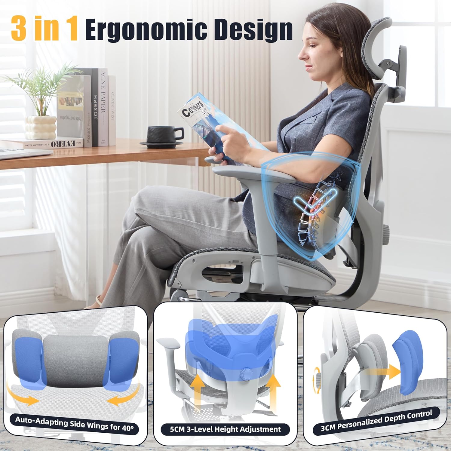 Ergonomic Office Chair - Mesh Executive Desk Chair with 3-Zone Dynamic Lumbar Support & 2D Adjustable Headrest - High Back Reclining Swivel Computer Gaming Chair with 4D Adjustable Armrests & Footrest