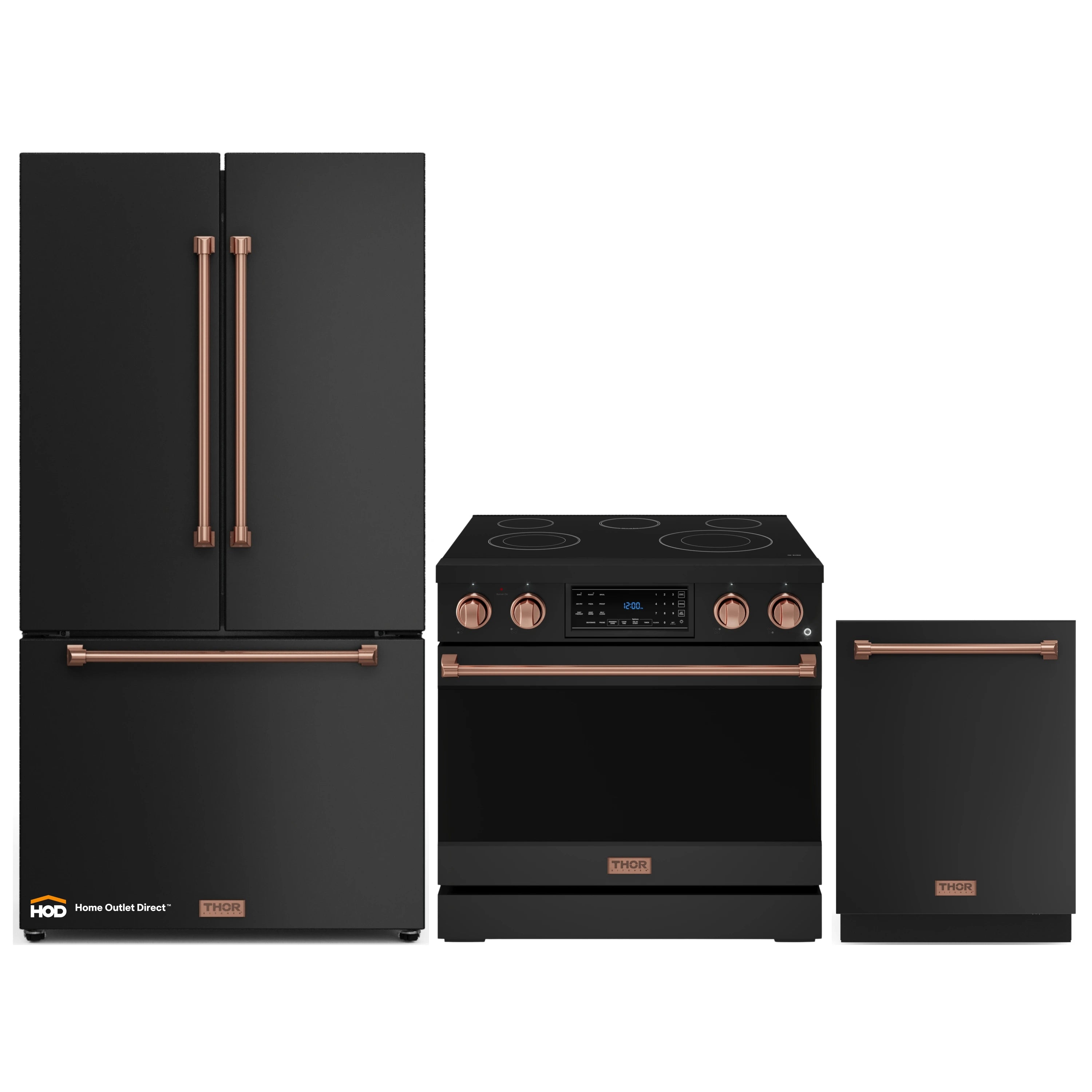 Gordon Ramsay by Thor Kitchen 3-Piece Appliance Package - 36-Inch Electric Range with Tilt Panel Touch Control, 36-Inch Refrigerator, and Dishwasher in Black with Rose Gold Trim