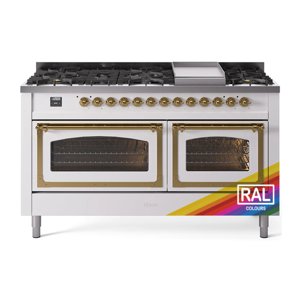 ILVE 60-Inch Nostalgie II Noblesse Dual Fuel Range with 9 Sealed Burners, Griddle, Triple Glass Door Oven in RAL with Brass Trim (UN60FNMPRAG)
