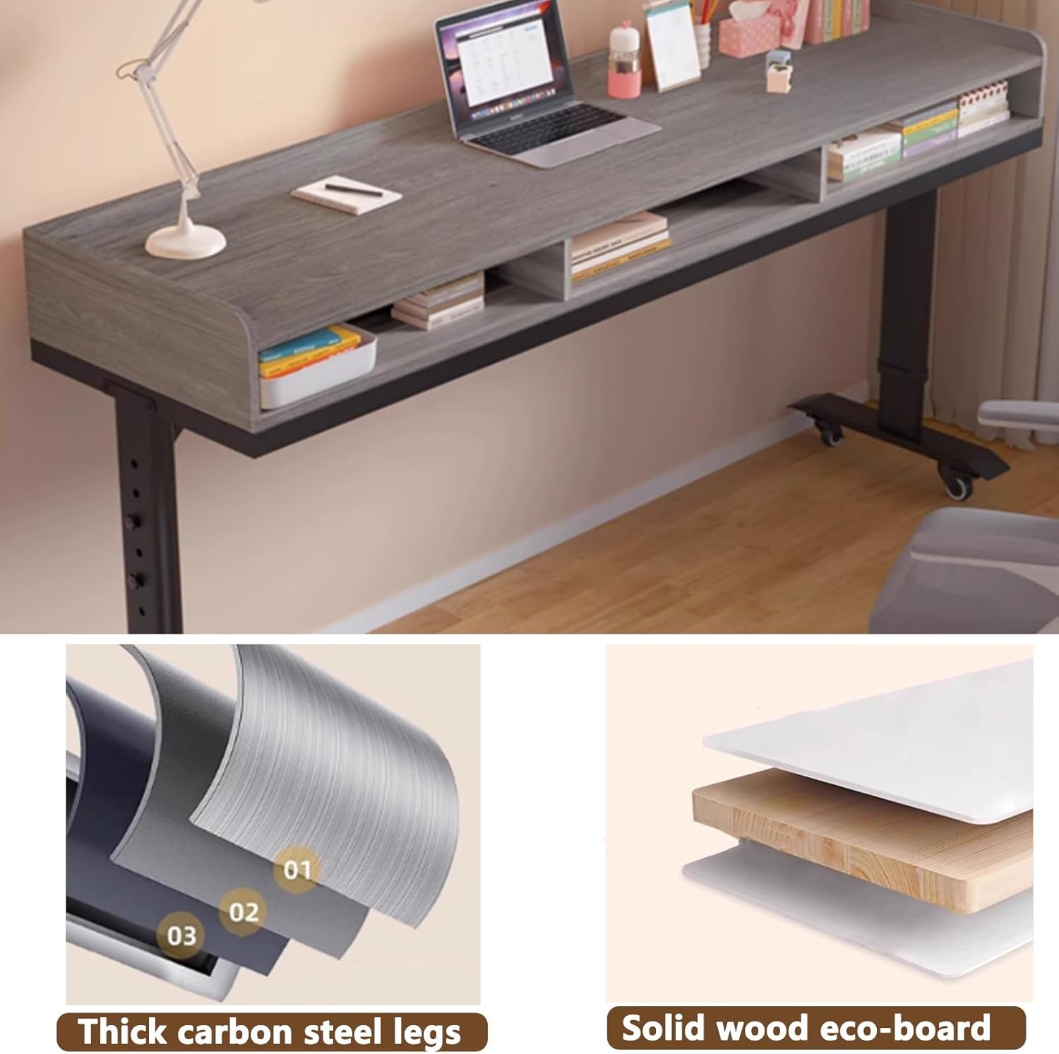 360° Rolling Wheels Over Bed Office Desk, Height Adjustable Overbed Table with Drawer and 3-Side Guard Rails, Laptop Workstation for Bedroom, Living Room(Gray,240cm/94.4in)