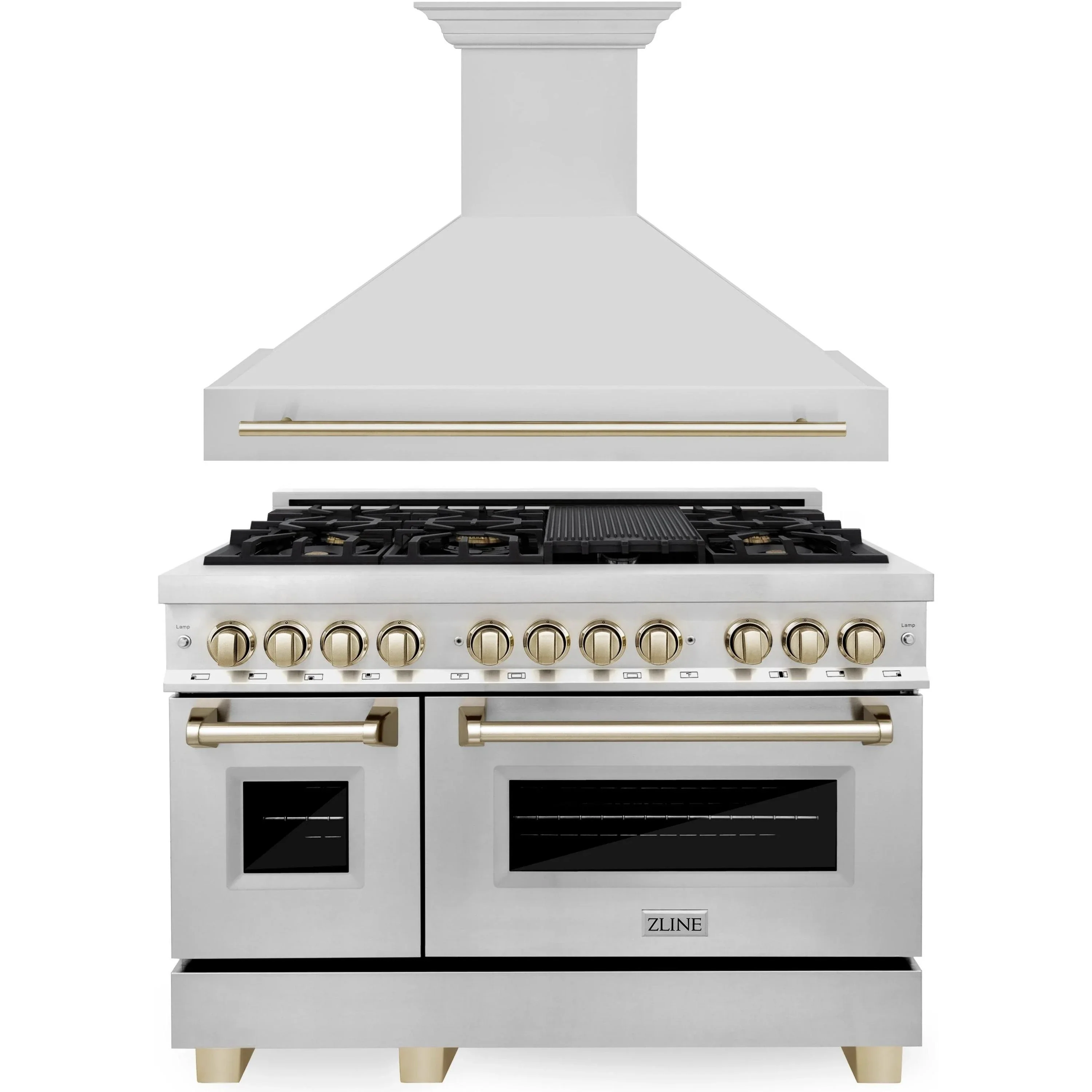 ZLINE Autograph Edition 2-Piece Appliance Package - 48-Inch Dual Fuel Range & Wall Mounted Range Hood in Stainless Steel with Gold Trim (2AKP-RARH48-G)